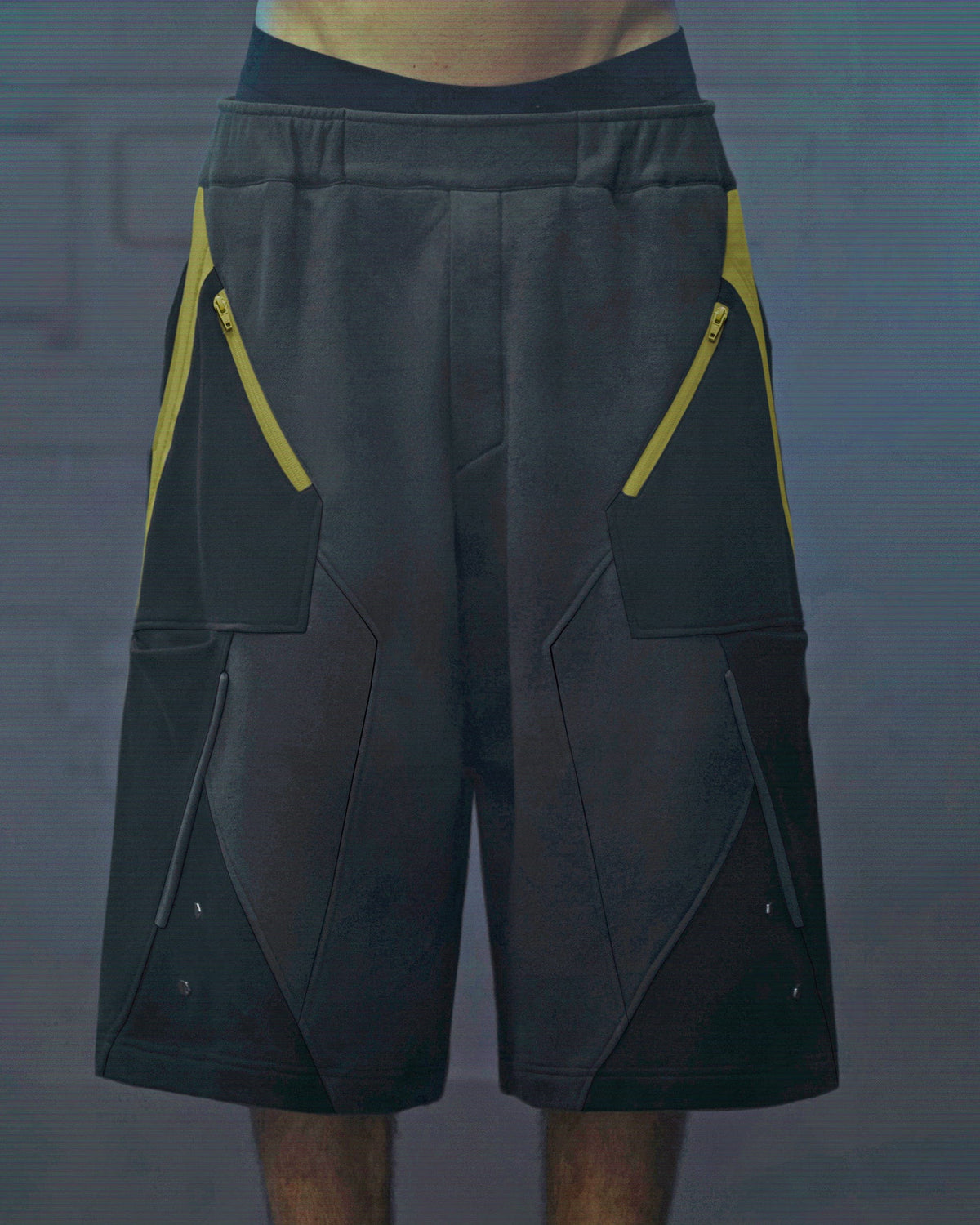 XIPHEVIL Deconstructed Zipper Rivet Shorts Yellow – photo 6 of 12