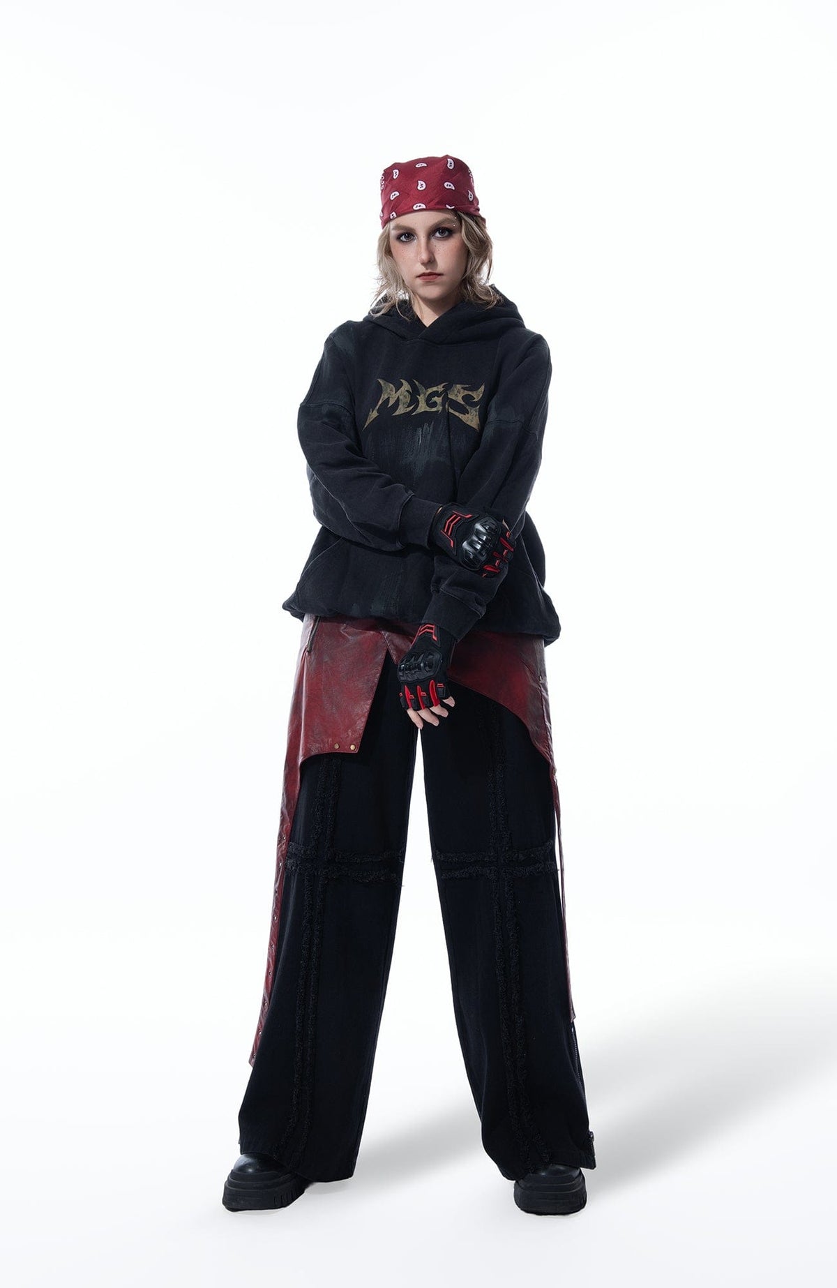 MOGONGSHE Detachable PU Drape Frayed Cross Jeans – photo 14 of 42