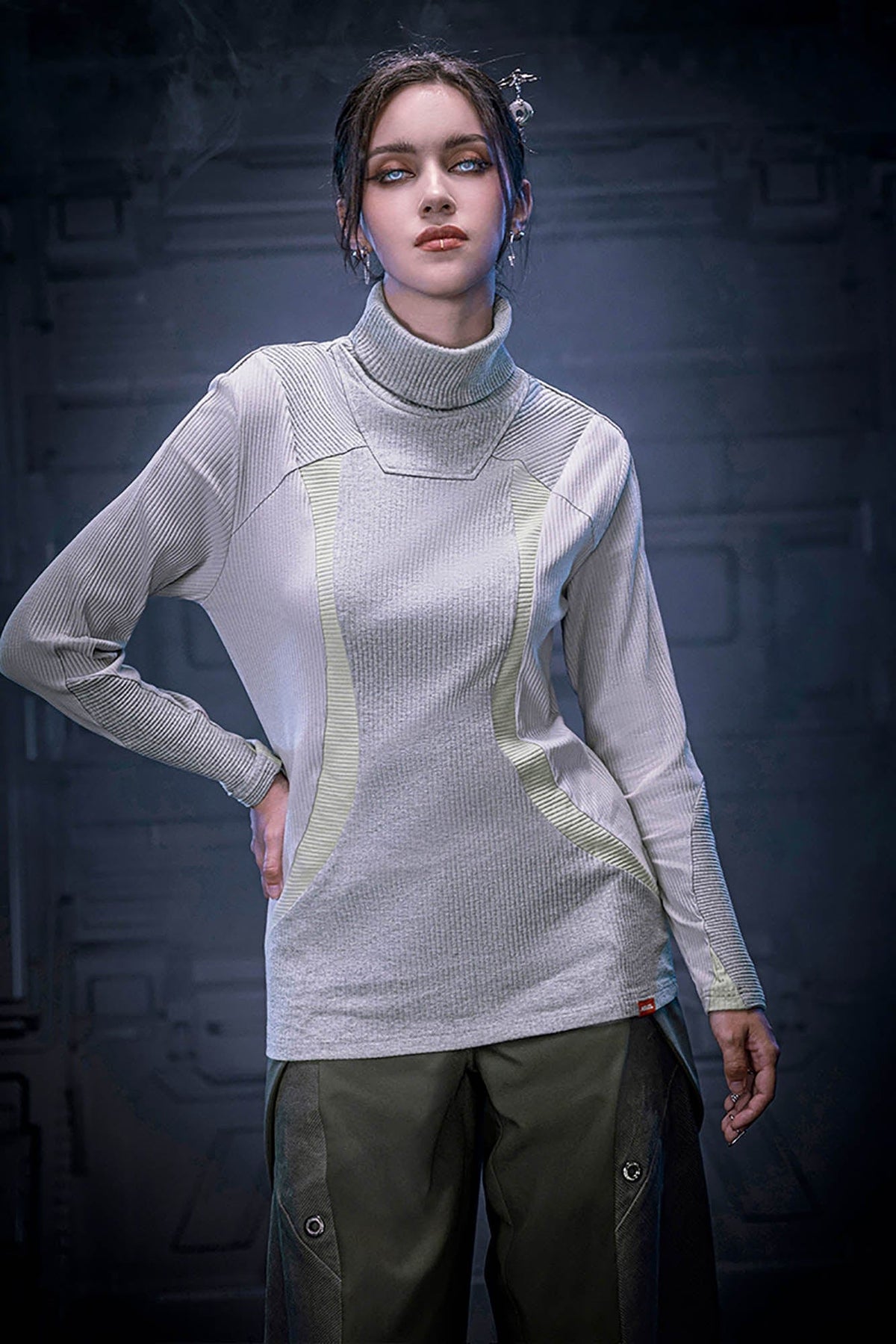 XIPHEVIL Ribbed Paneled Turtleneck Long-Sleeve Tee Grey – photo 5 of 13
