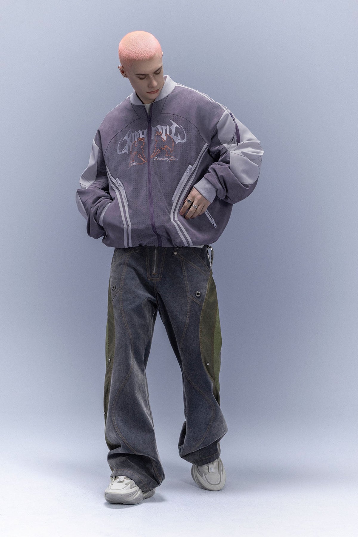 XIPHEVIL Faux Suede Embroidered LOGO Bomber Purple – photo 4 of 13