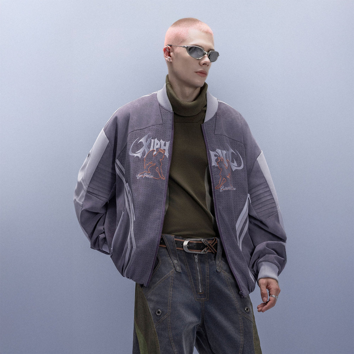 XIPHEVIL Faux Suede Embroidered LOGO Bomber Purple