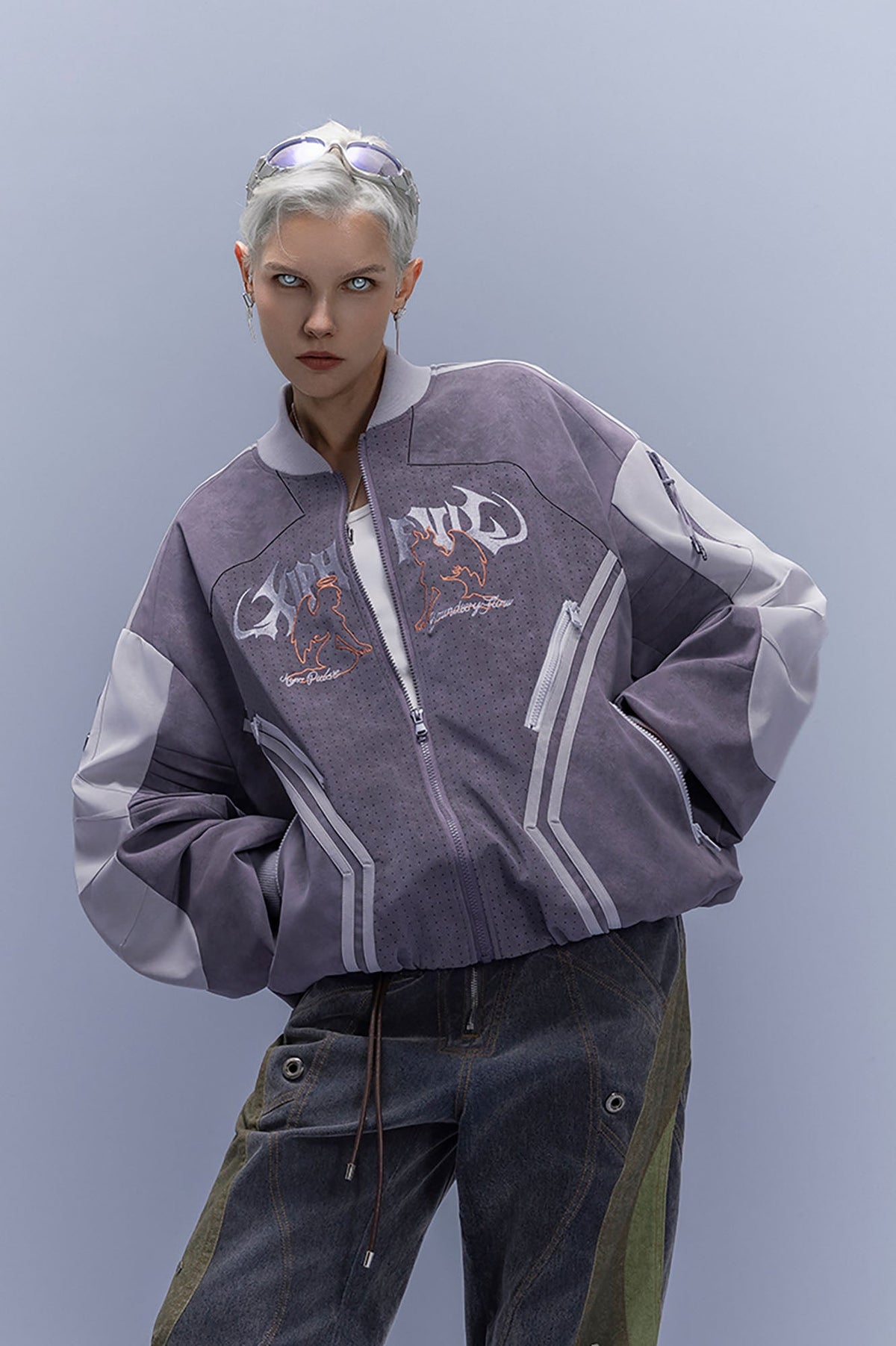 XIPHEVIL Faux Suede Embroidered LOGO Bomber Purple – photo 8 of 13