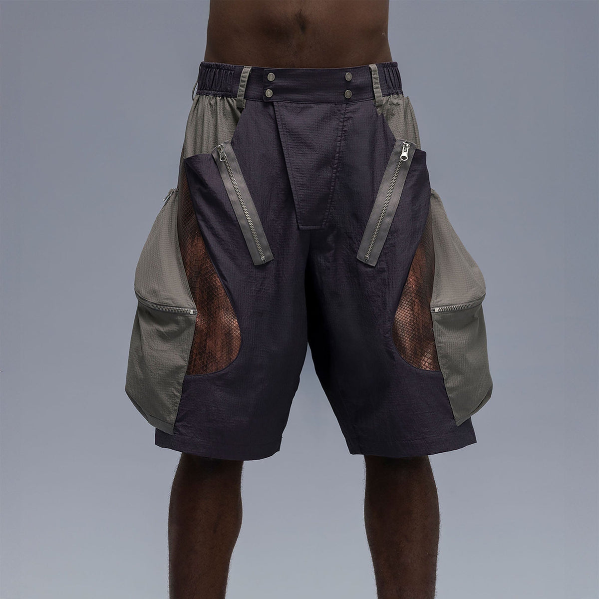 XIPHEVIL Snake Skin Contrast Panel Multi-Pocket Shorts