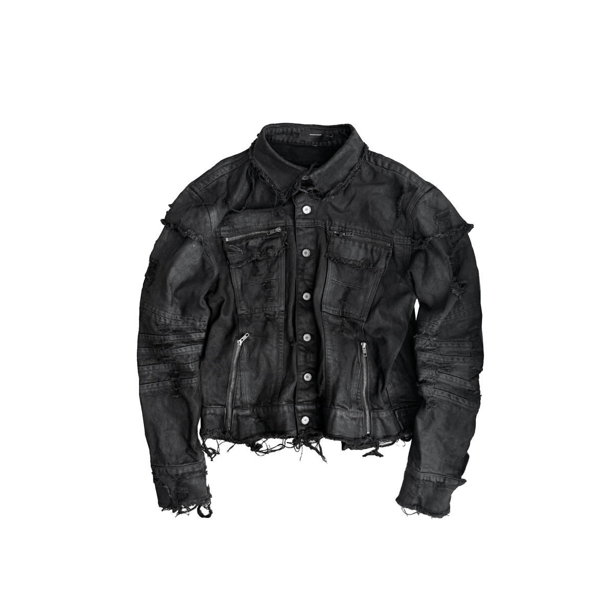 CINDER VEIN Washed Distressed Back-Zipper Denim Jacket – photo 2 of 15