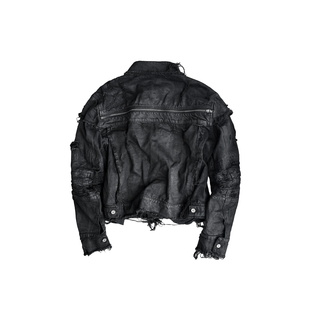 CINDER VEIN Washed Distressed Back-Zipper Denim Jacket – photo 3 of 15