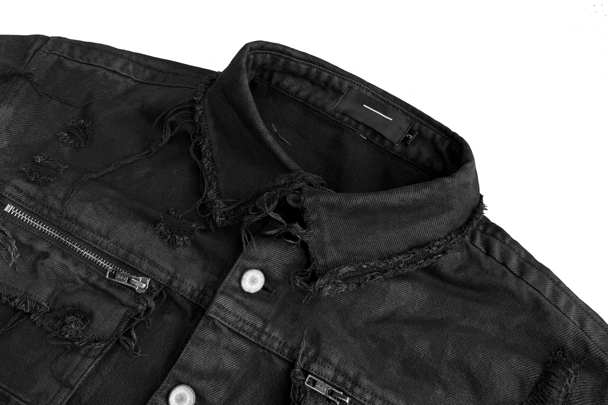 CINDER VEIN Washed Distressed Back-Zipper Denim Jacket – photo 14 of 15