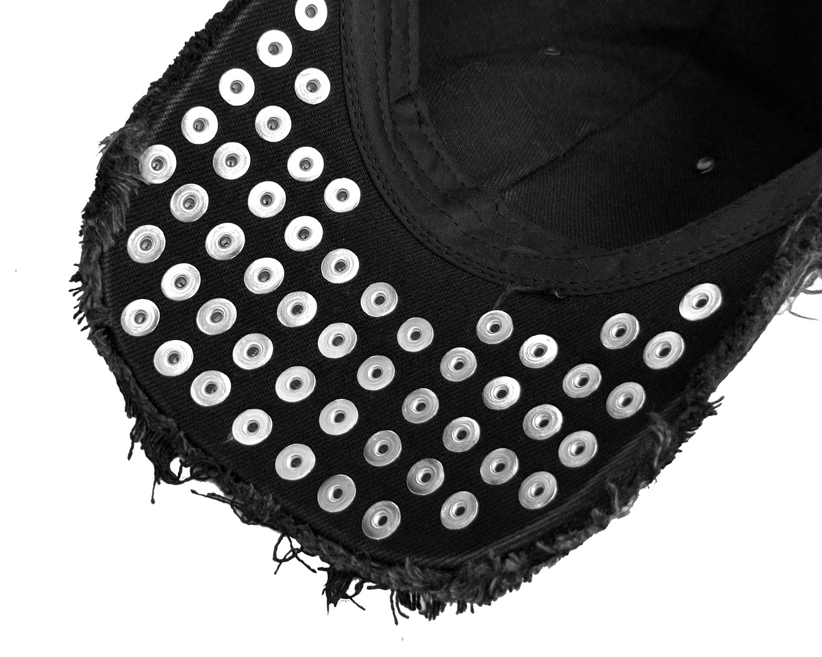 CINDER VEIN Washed Frayed Rivet Patch Curved-Brim Denim Cap – photo 9 of 13