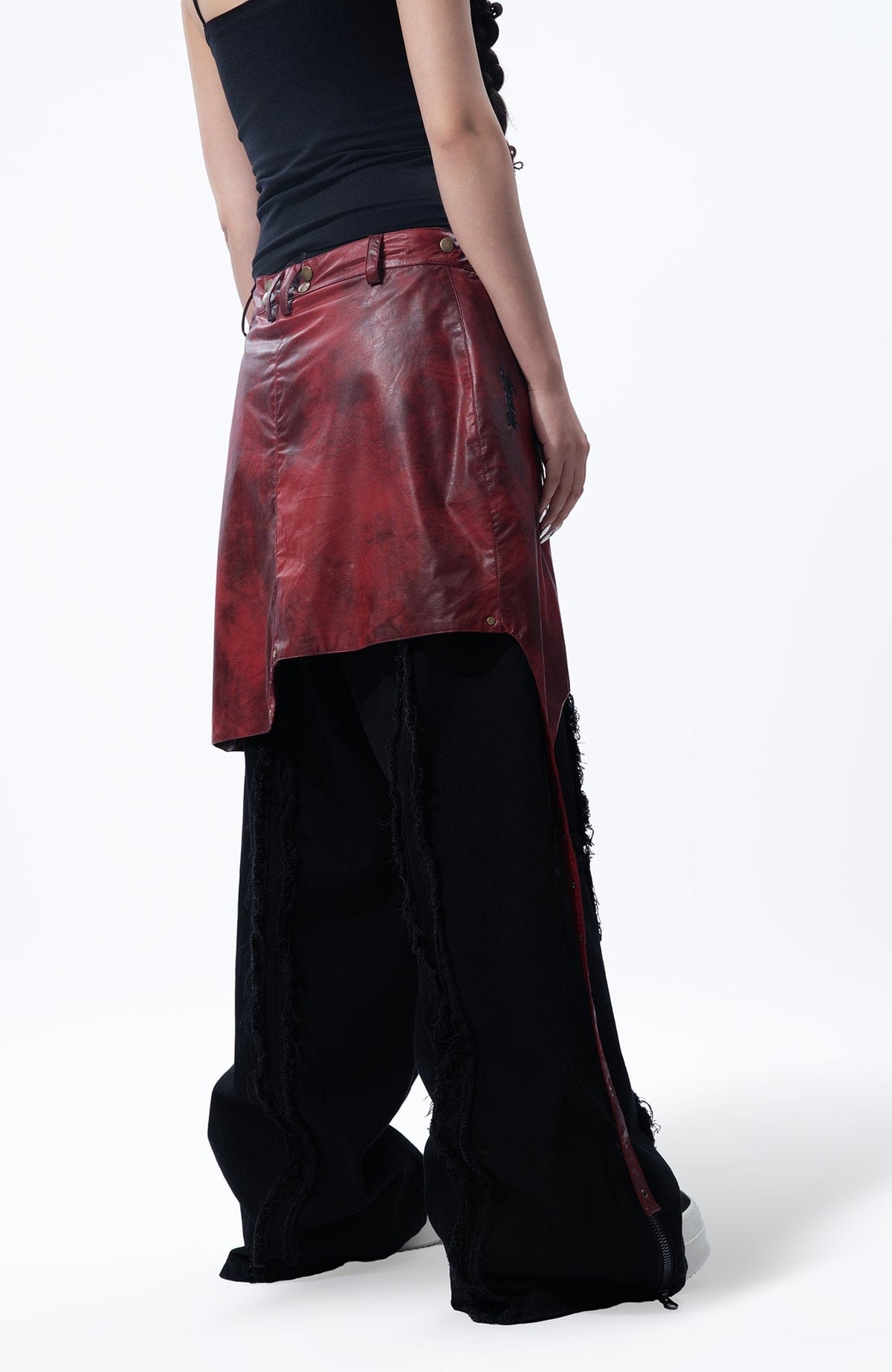 MOGONGSHE Detachable PU Drape Frayed Cross Jeans – photo 19 of 42