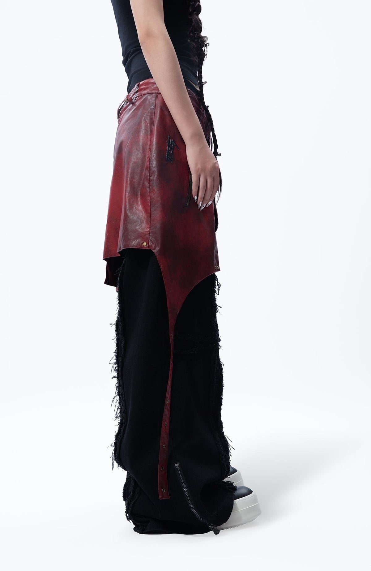 MOGONGSHE Detachable PU Drape Frayed Cross Jeans – photo 20 of 42