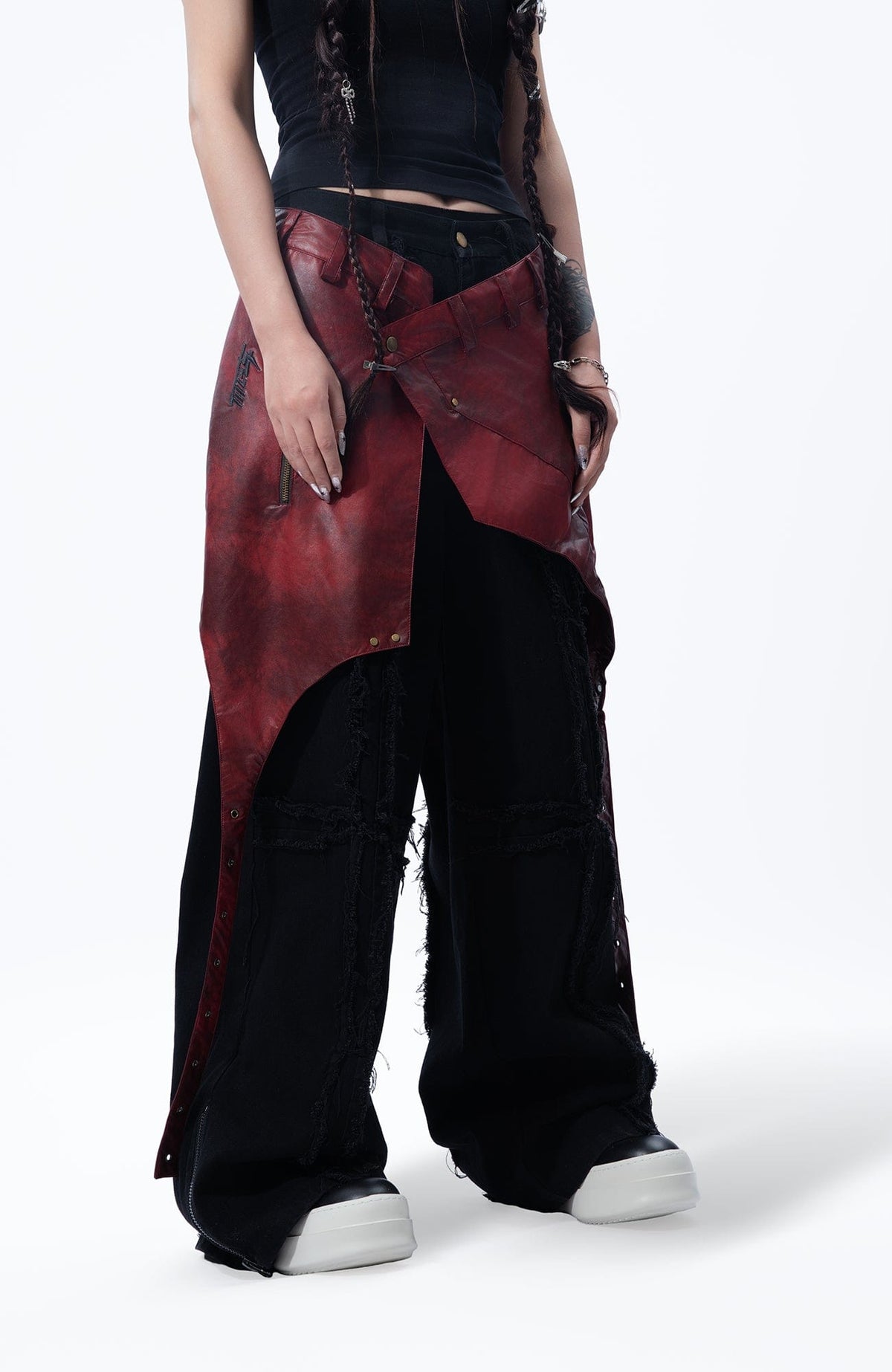MOGONGSHE Detachable PU Drape Frayed Cross Jeans – photo 21 of 42