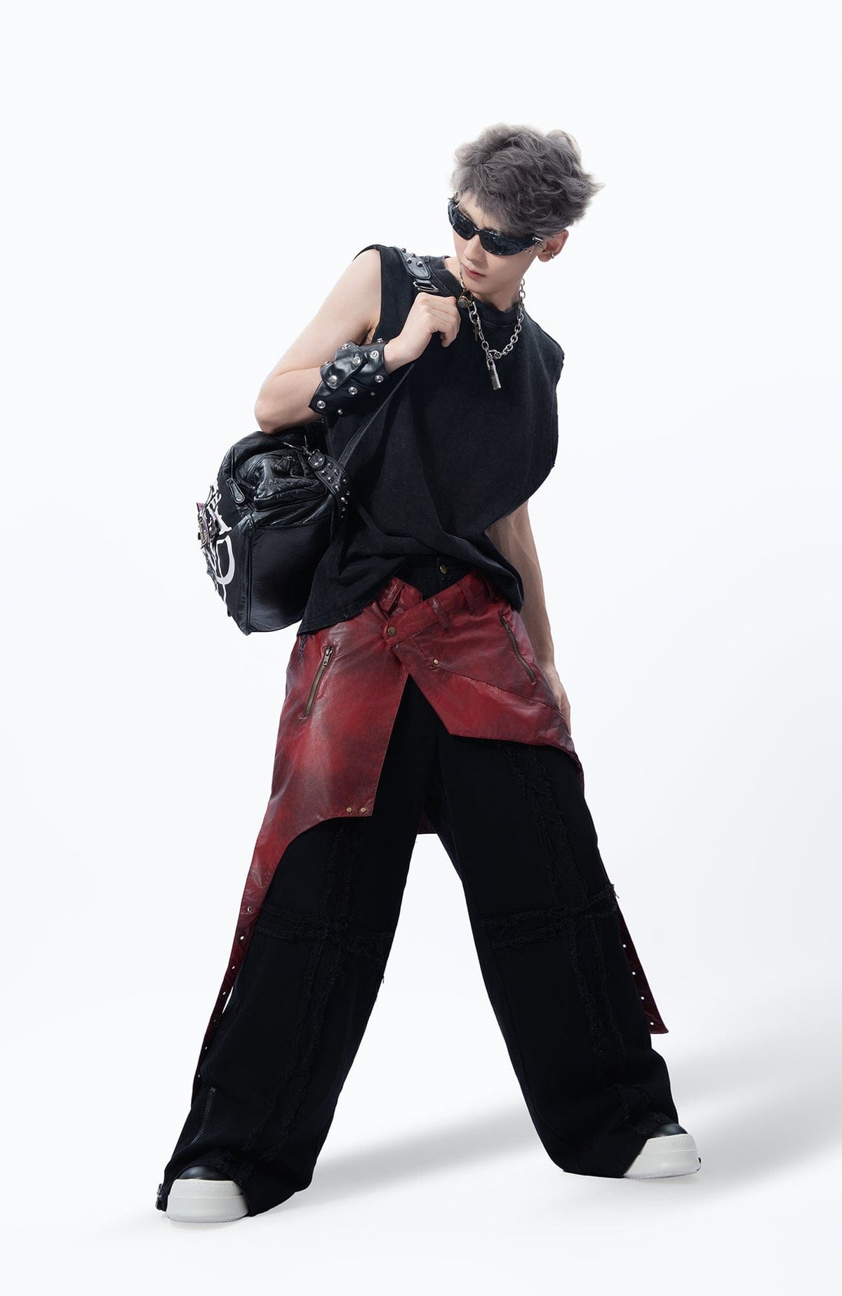 MOGONGSHE Detachable PU Drape Frayed Cross Jeans – photo 12 of 42