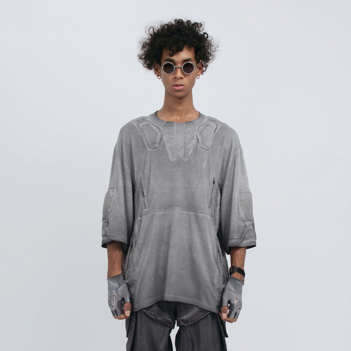STEAM Distressed Mesh-Spliced Oversized Tactical T-Shirt – photo 3 of 25