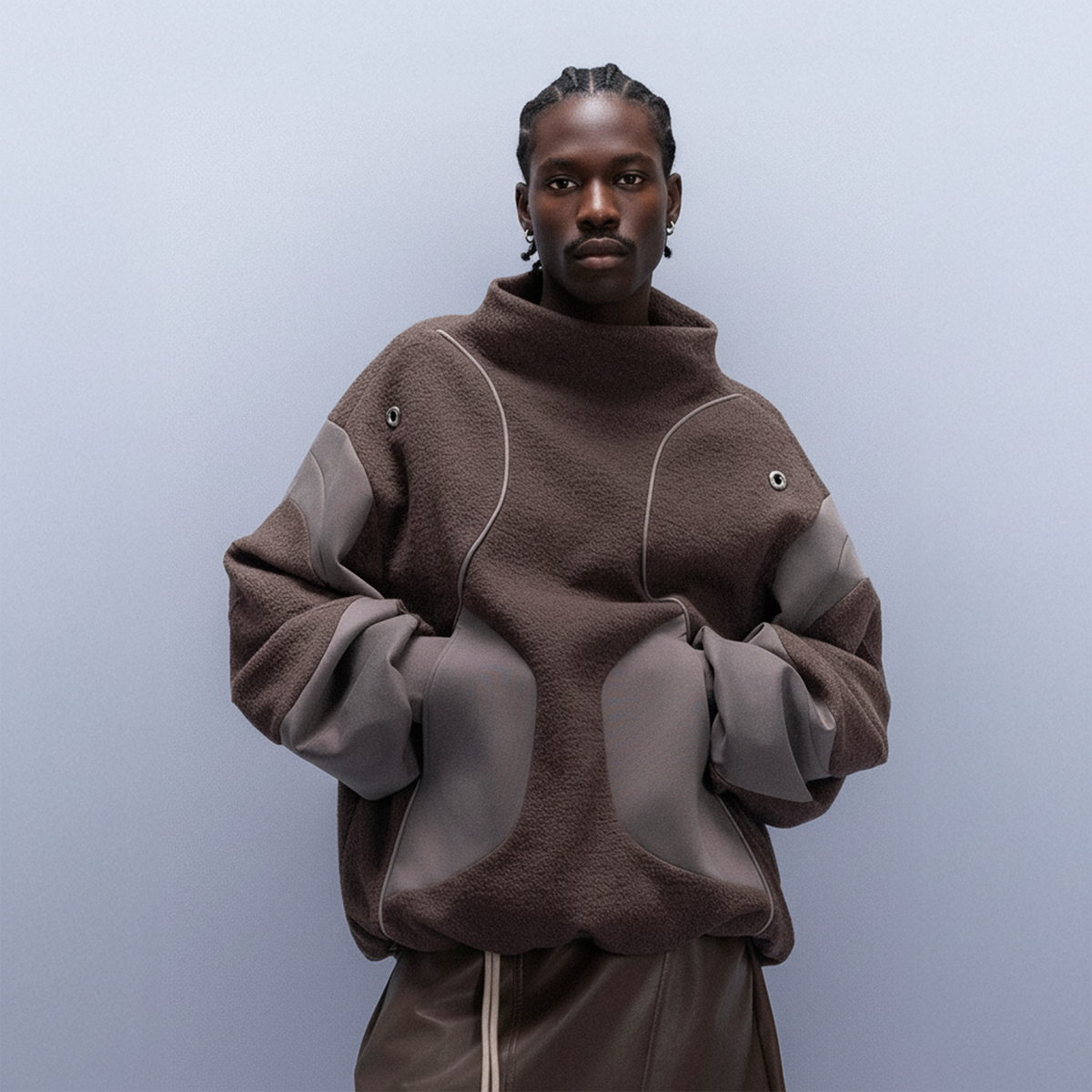 XIPHEVIL Fleece-Panel Saber-Sleeve Sweatshirt Coffee