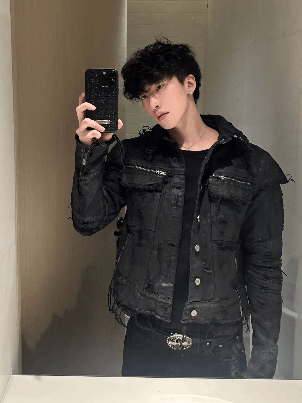 CINDER VEIN Washed Distressed Back-Zipper Denim Jacket – photo 9 of 15