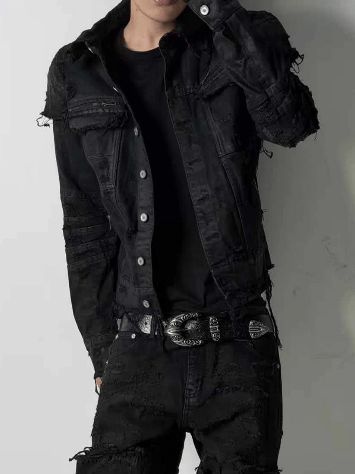 CINDER VEIN Washed Distressed Back-Zipper Denim Jacket – photo 11 of 15