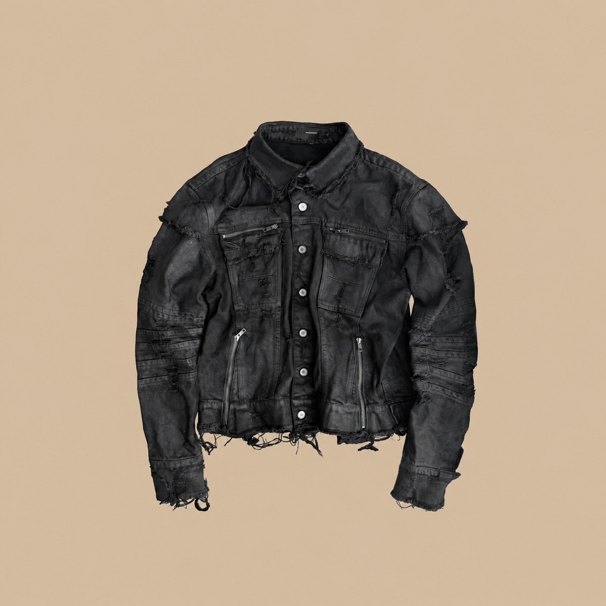 CINDER VEIN Washed Distressed Back-Zipper Denim Jacket