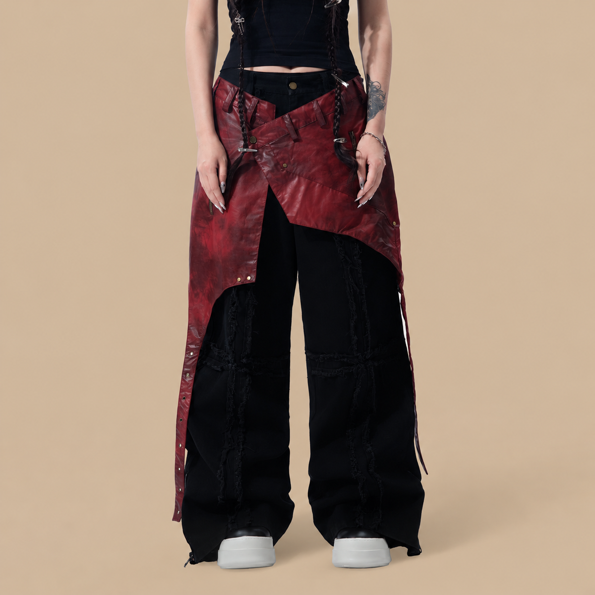 MOGONGSHE Detachable PU Drape Frayed Cross Jeans
