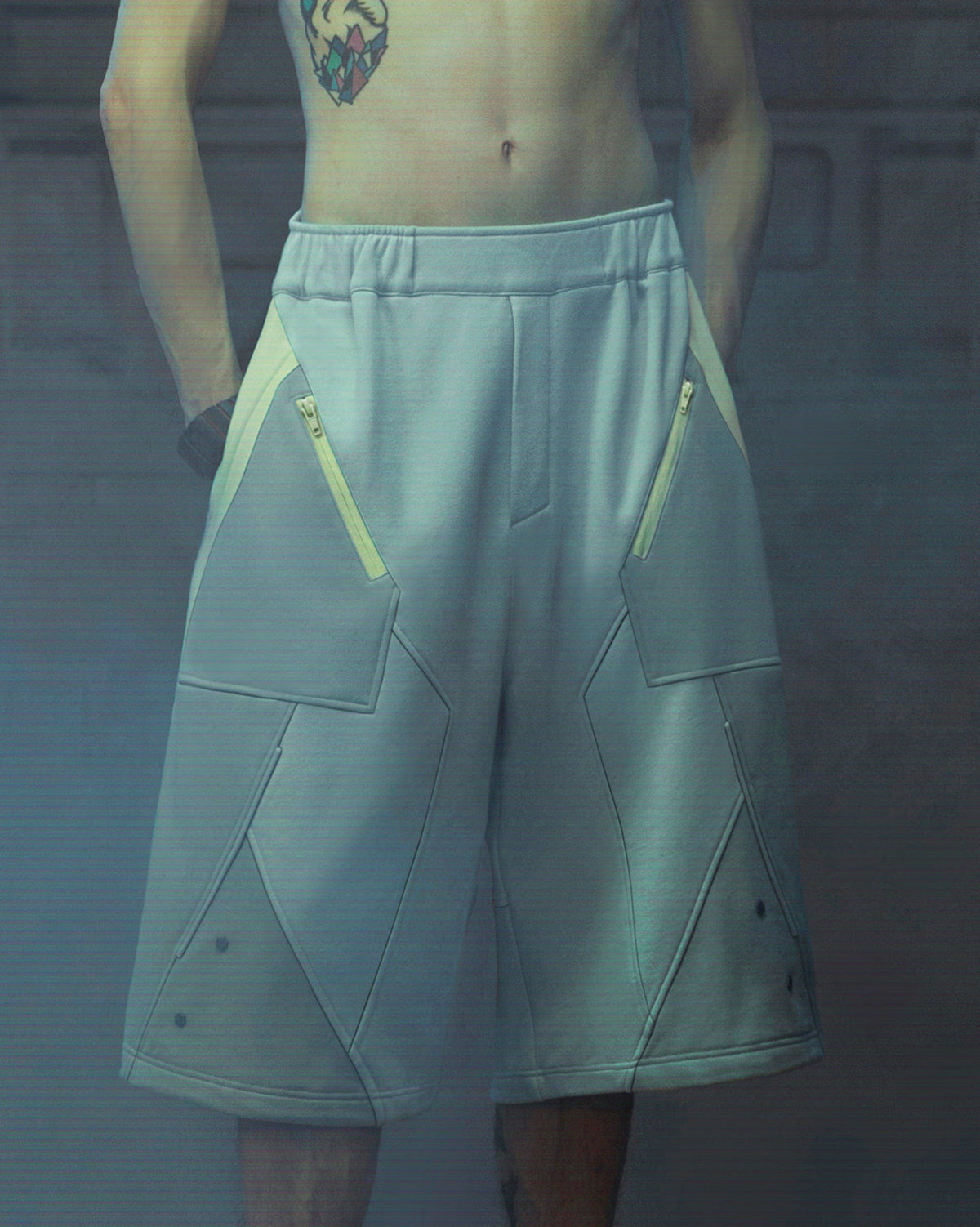 XIPHEVIL Deconstructed Zipper Rivet Shorts Light Grey – photo 9 of 17