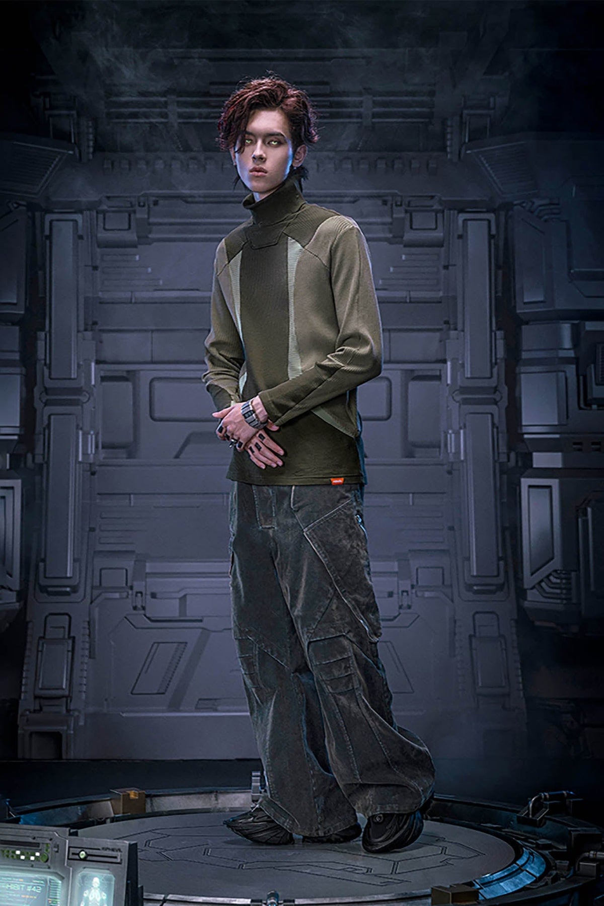 XIPHEVIL Ribbed Paneled Turtleneck Long-Sleeve Tee Green – photo 4 of 14