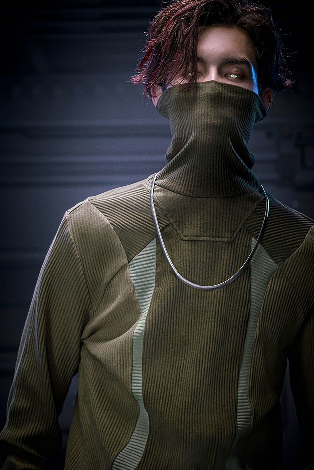 XIPHEVIL Ribbed Paneled Turtleneck Long-Sleeve Tee Green – photo 8 of 14