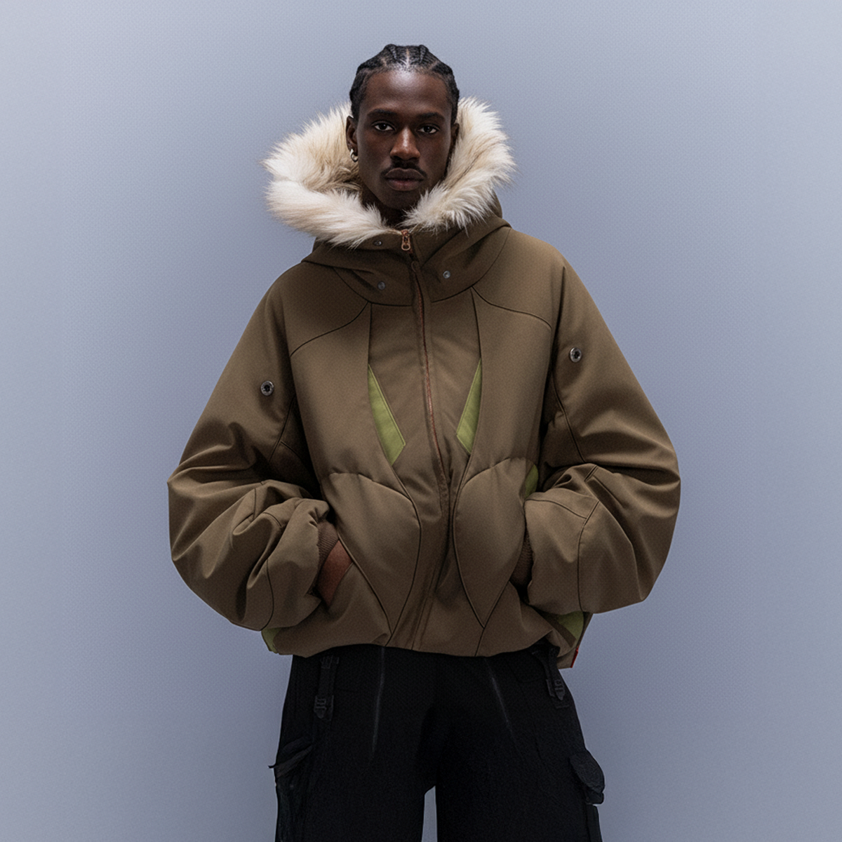 XIPHEVIL Faux Fur Trim Panel Puffer Jacket