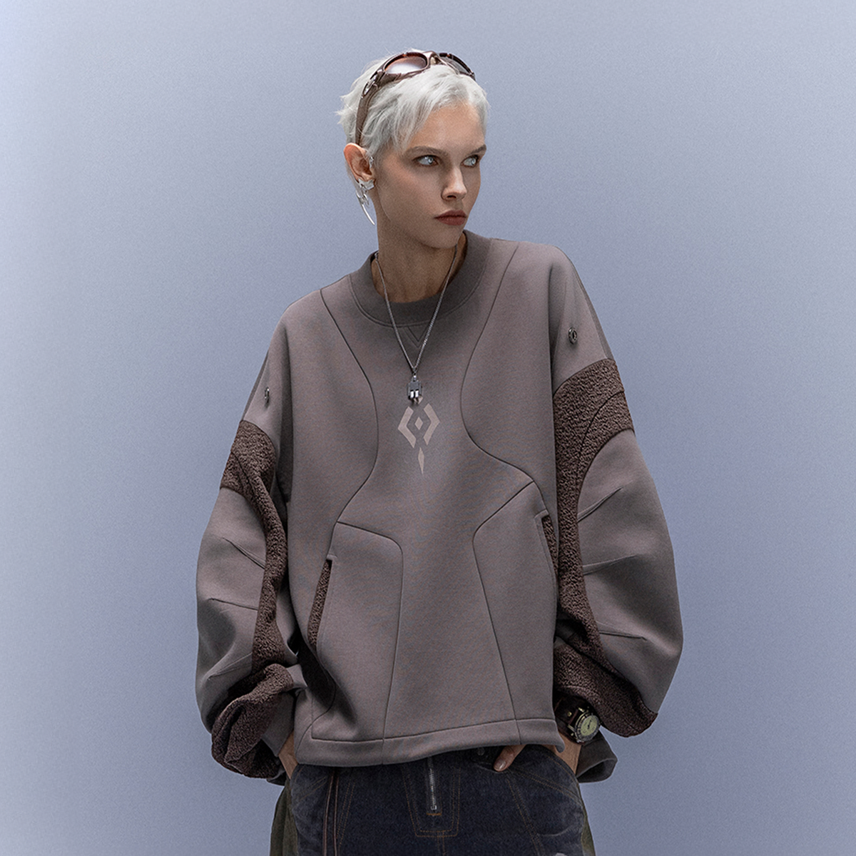XIPHEVIL Utility Paneled Crewneck Sweatshirt Coffee