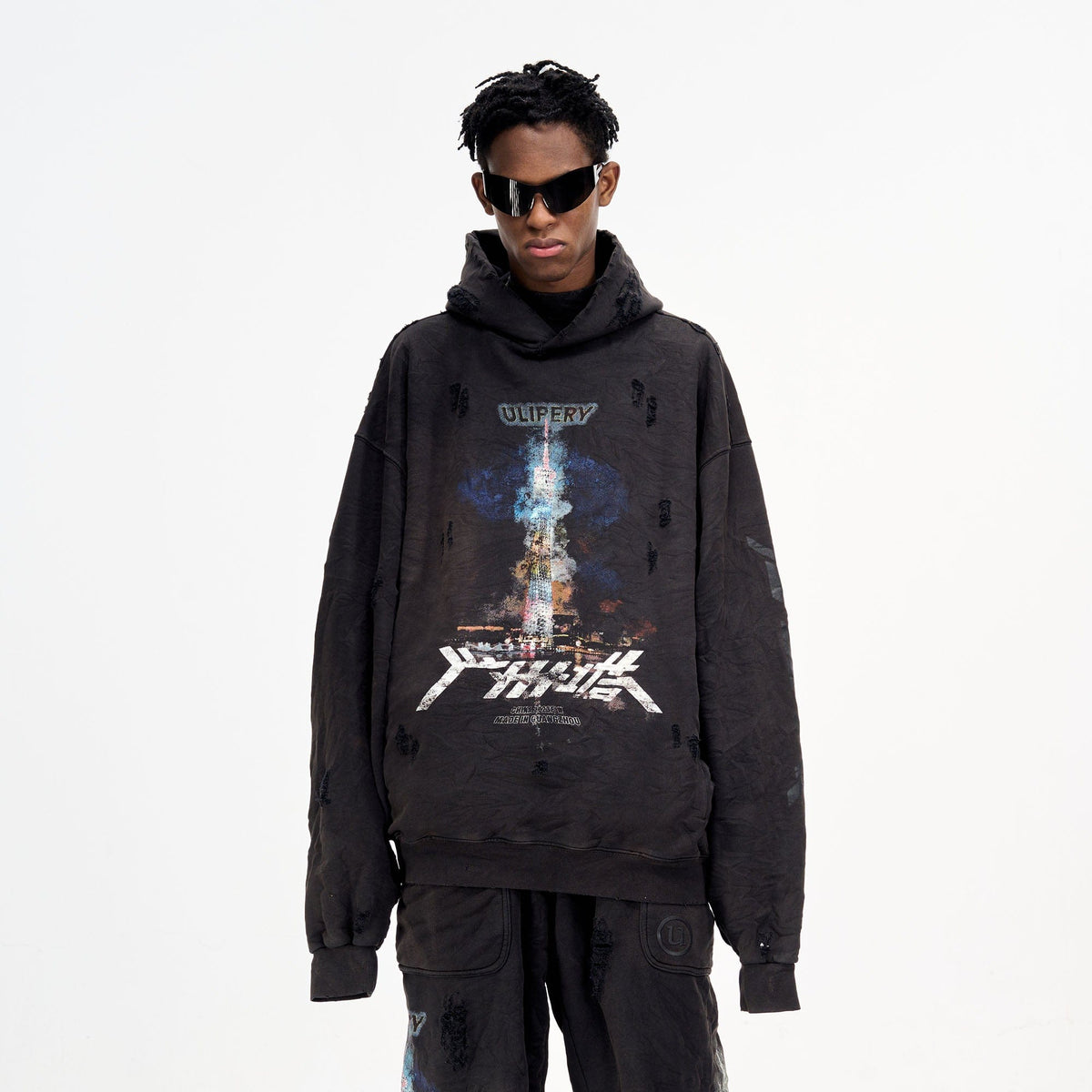 ULIPERY Distressed Glow Crinkled Hoodie