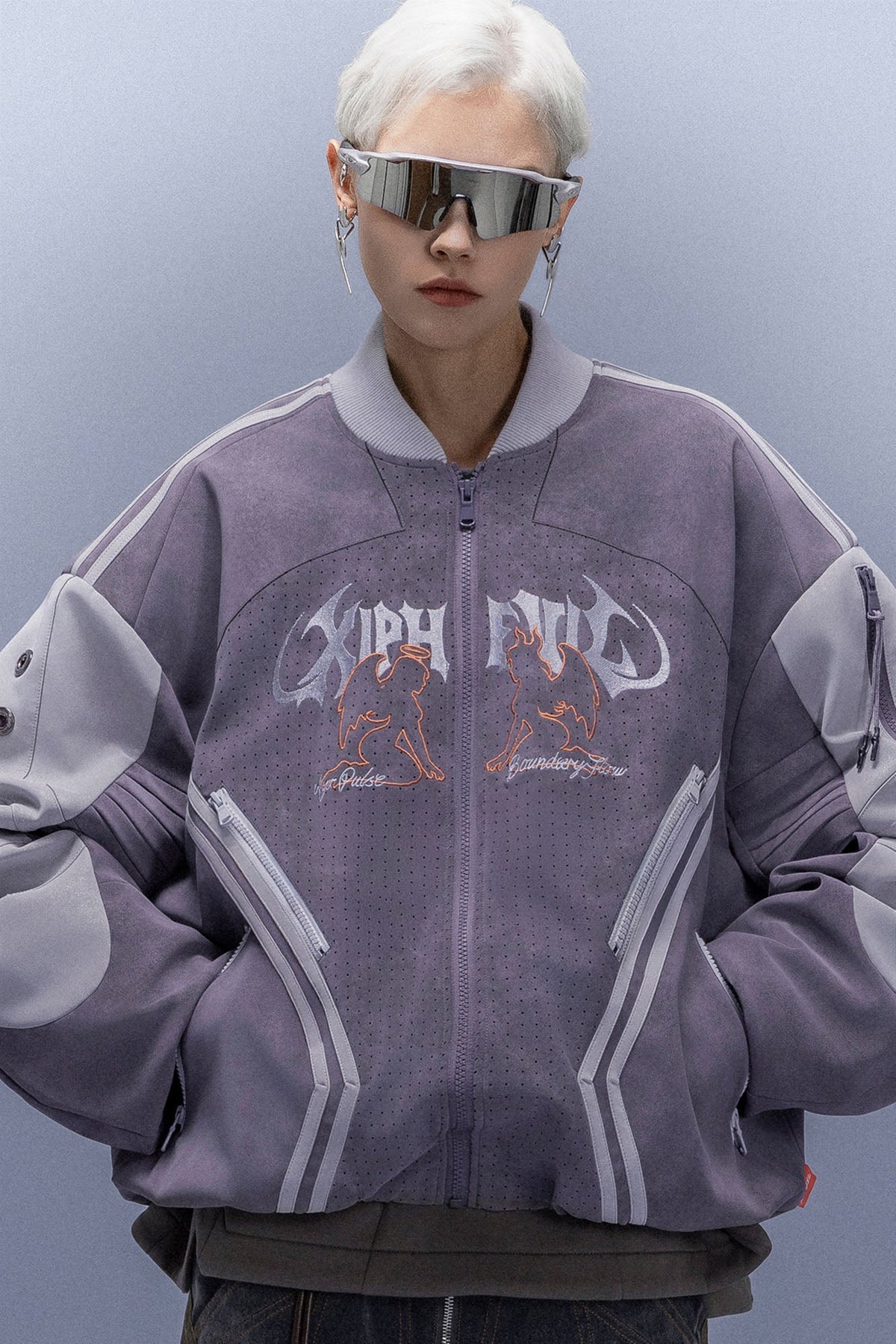 XIPHEVIL Faux Suede Embroidered LOGO Bomber Purple – photo 9 of 13