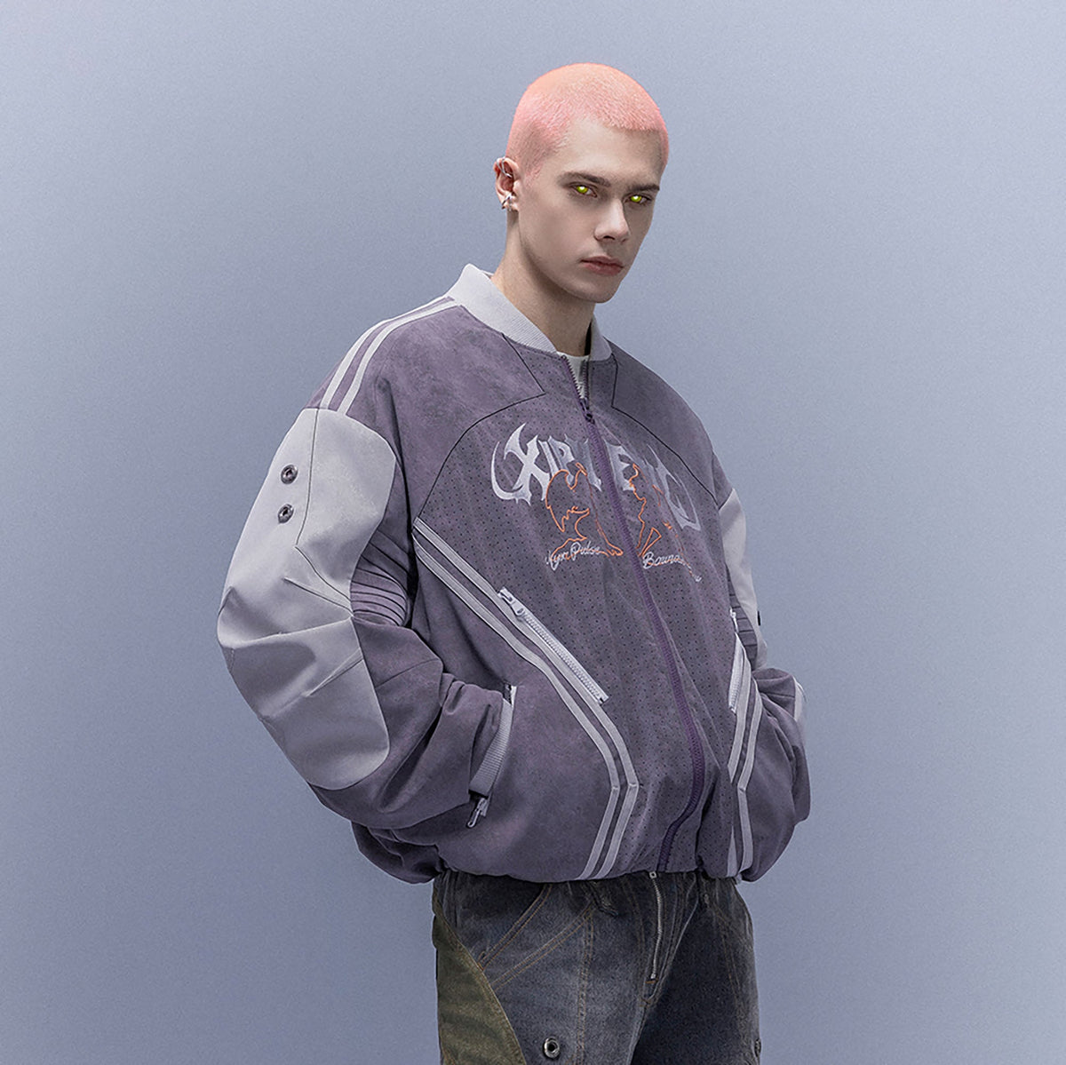 XIPHEVIL Faux Suede Embroidered LOGO Bomber Purple – photo 2 of 13