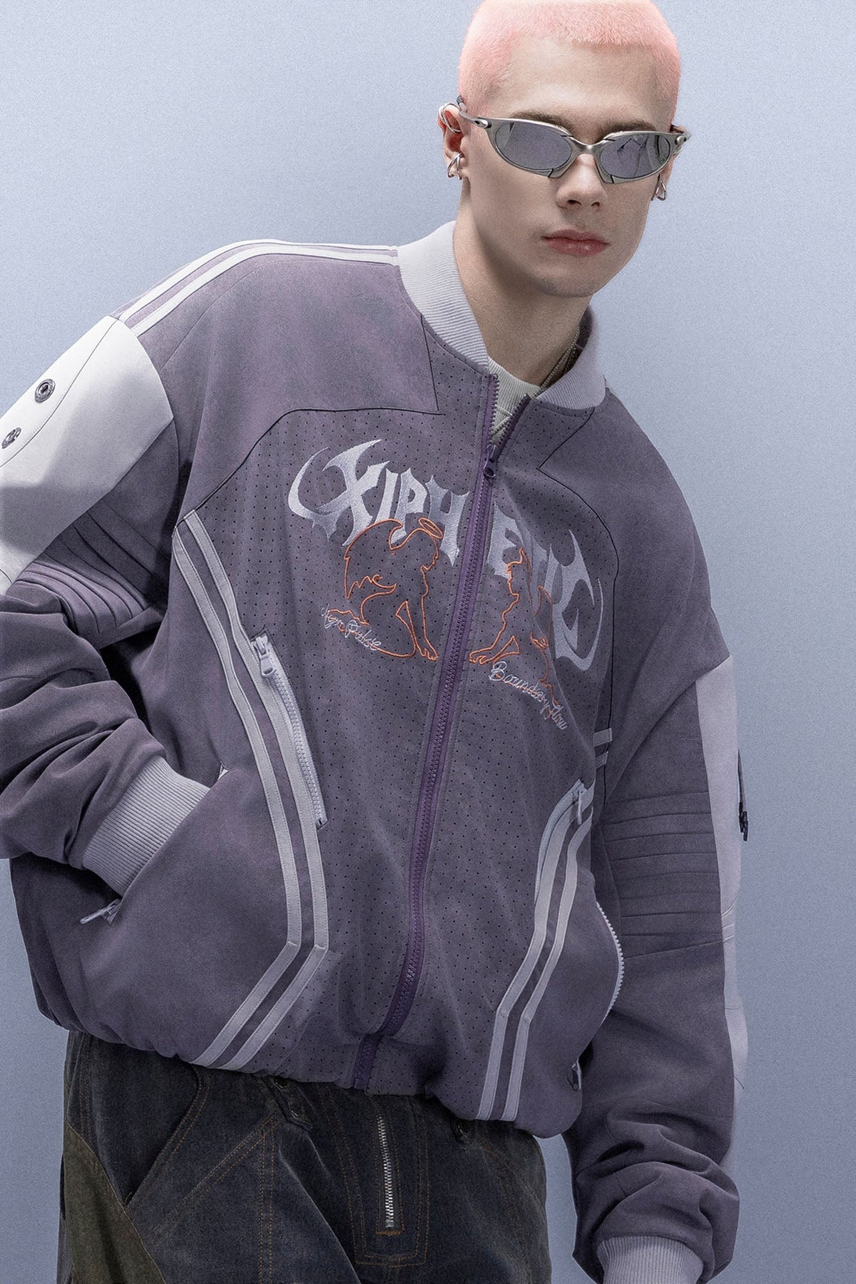 XIPHEVIL Faux Suede Embroidered LOGO Bomber Purple – photo 10 of 13
