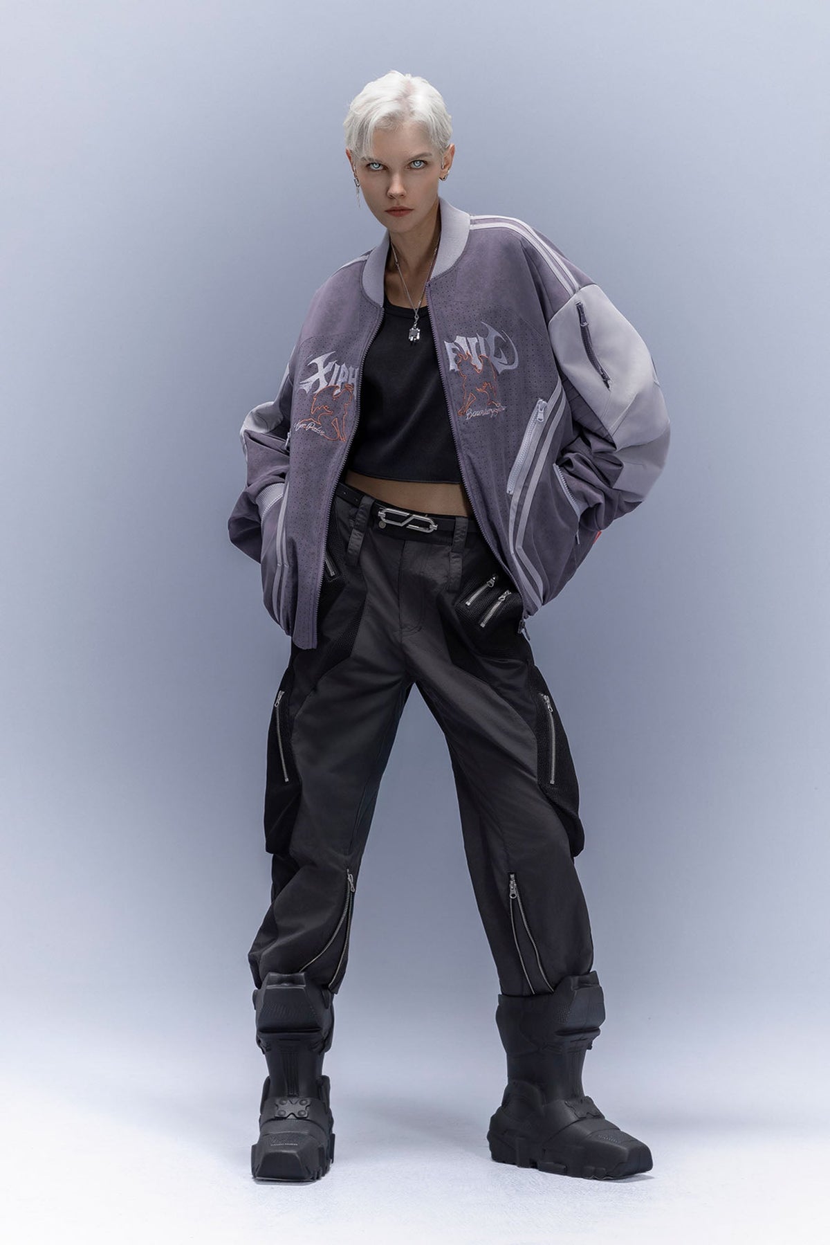 XIPHEVIL Faux Suede Embroidered LOGO Bomber Purple – photo 5 of 13