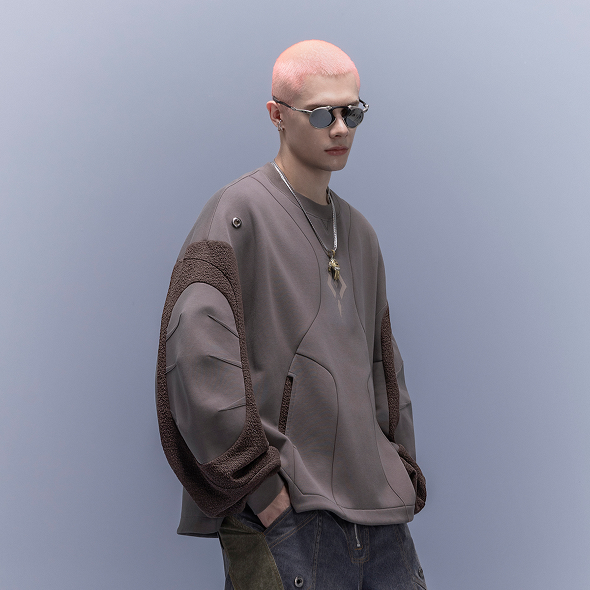 XIPHEVIL Utility Paneled Crewneck Sweatshirt Coffee – photo 2 of 6
