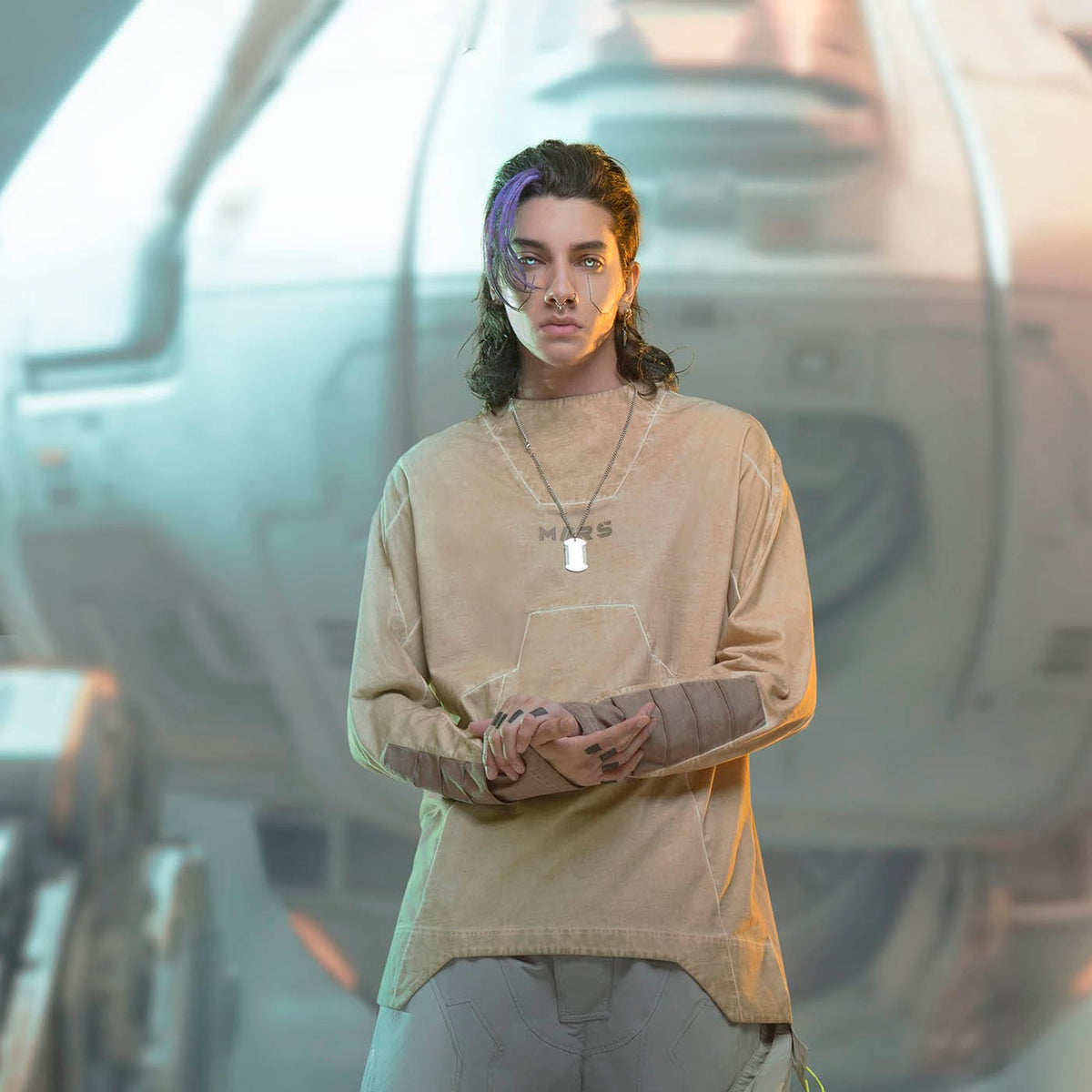 XIPHEVIL Futuristic-Distressed Paneled L/S Tee