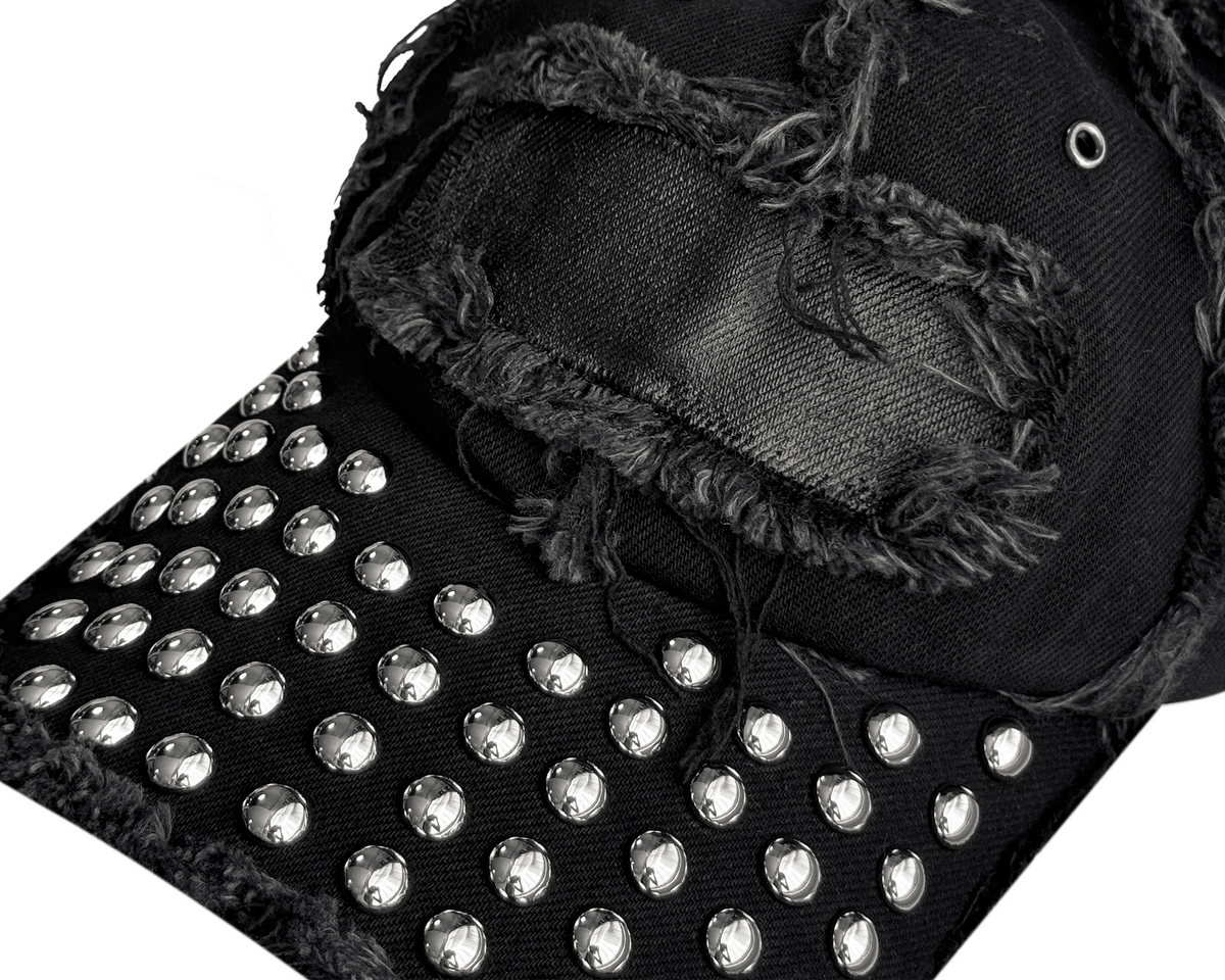 CINDER VEIN Washed Frayed Rivet Patch Curved-Brim Denim Cap – photo 11 of 13