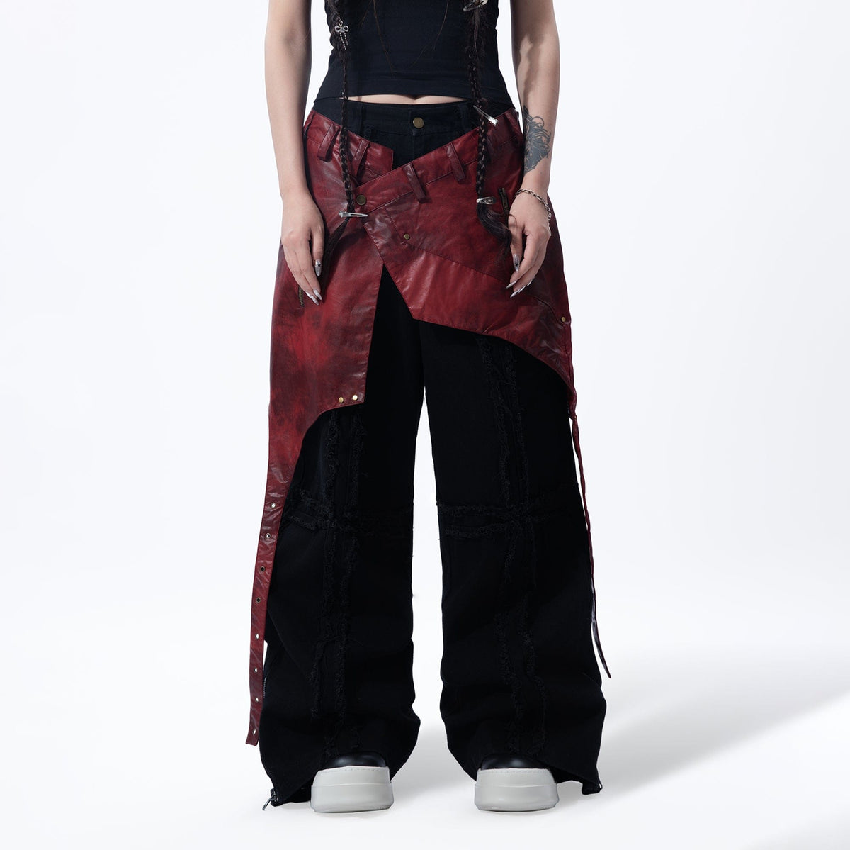 MOGONGSHE Detachable PU Drape  Frayed Cross Jeans – photo 2 of 42
