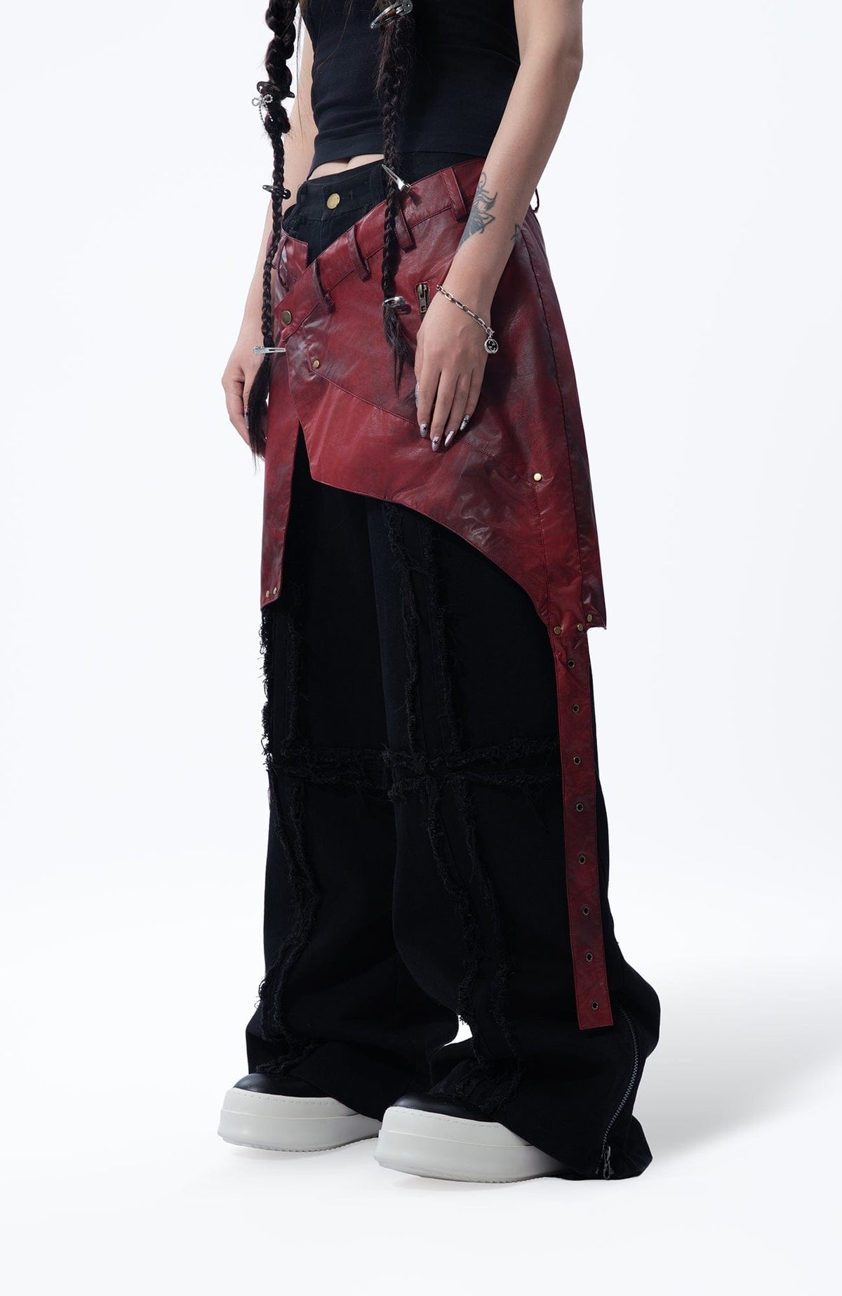 MOGONGSHE Detachable PU Drape  Frayed Cross Jeans – photo 18 of 42