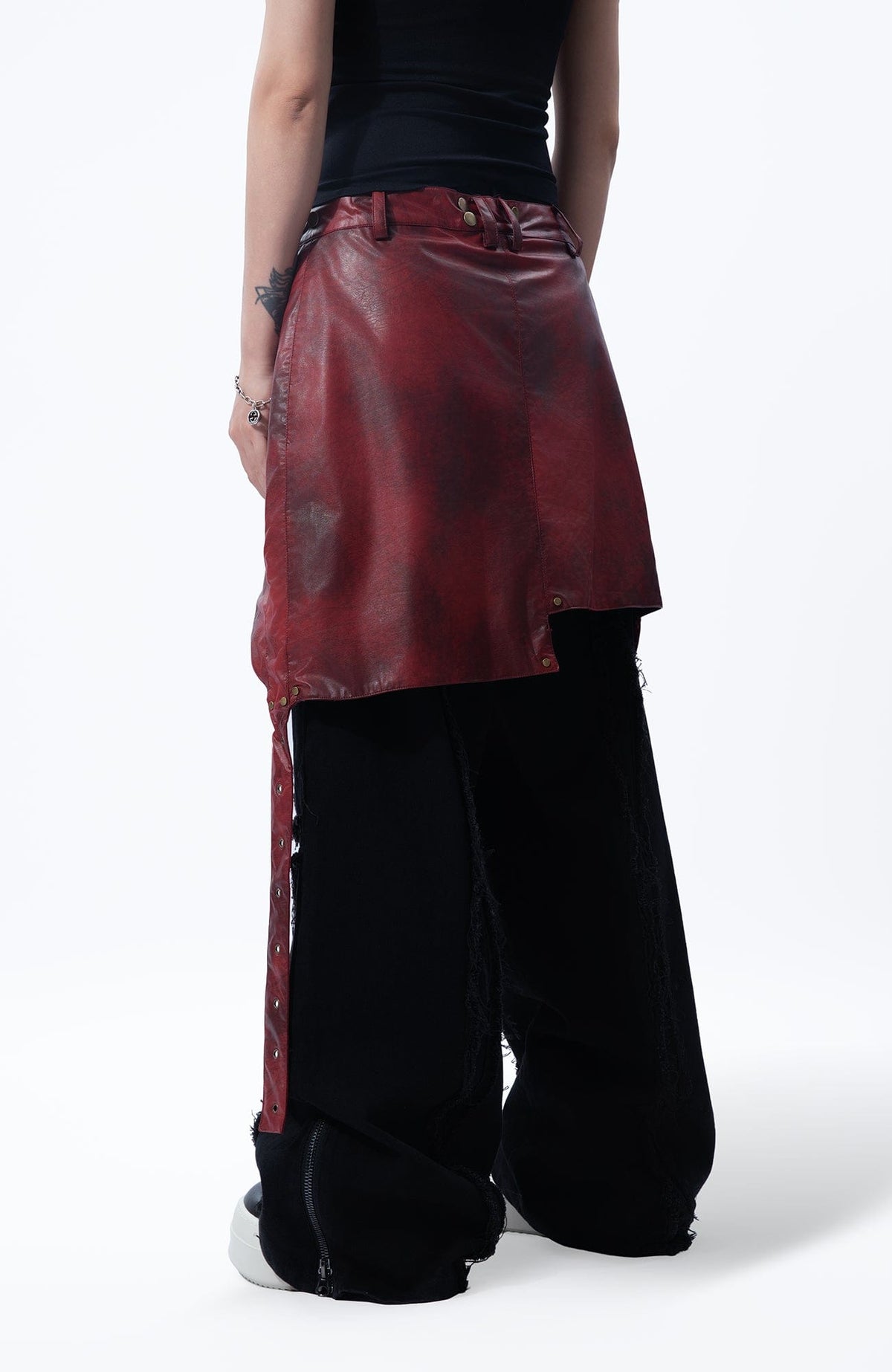 MOGONGSHE Detachable PU Drape  Frayed Cross Jeans – photo 17 of 42
