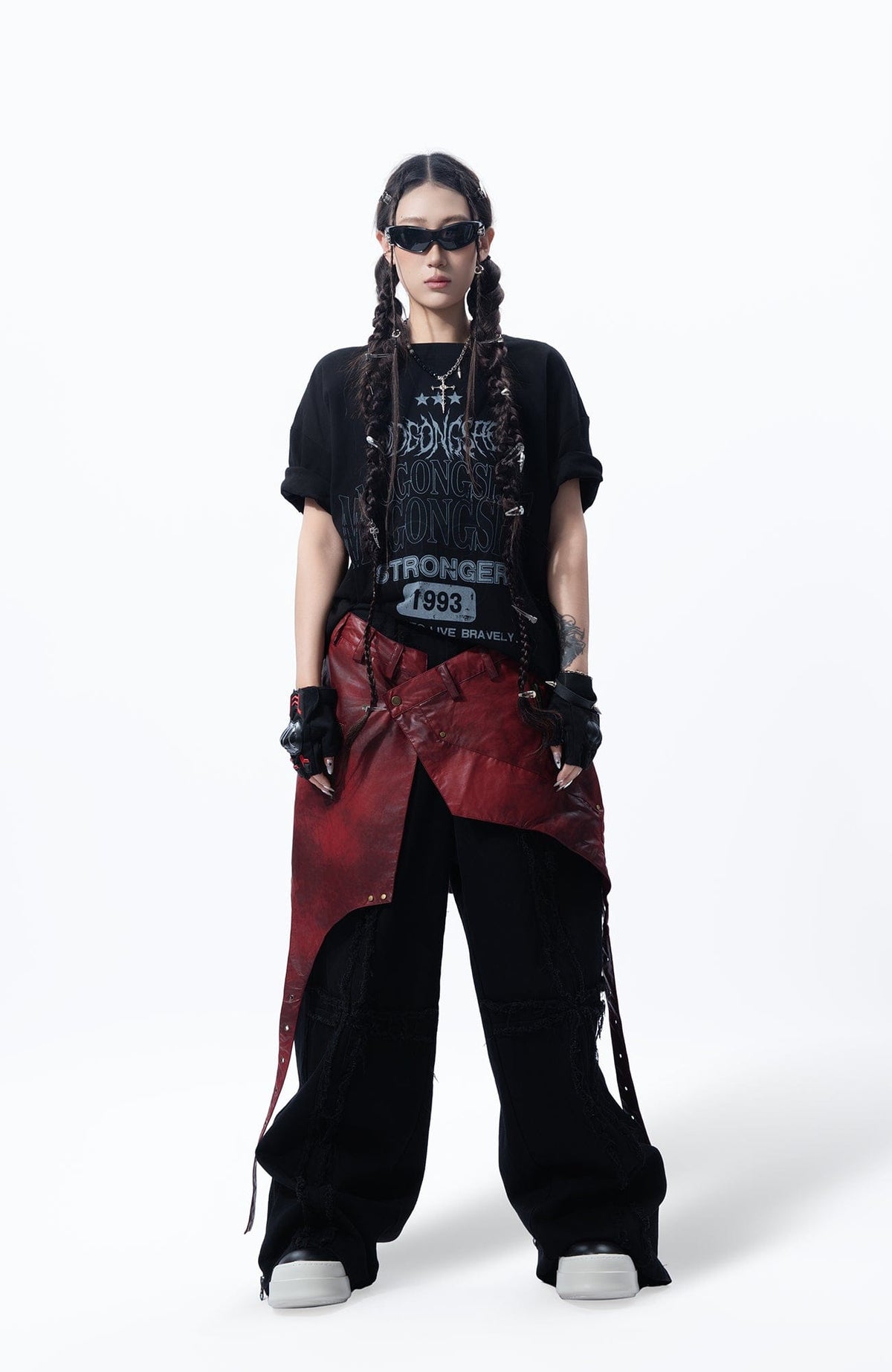 MOGONGSHE Detachable PU Drape  Frayed Cross Jeans – photo 5 of 42