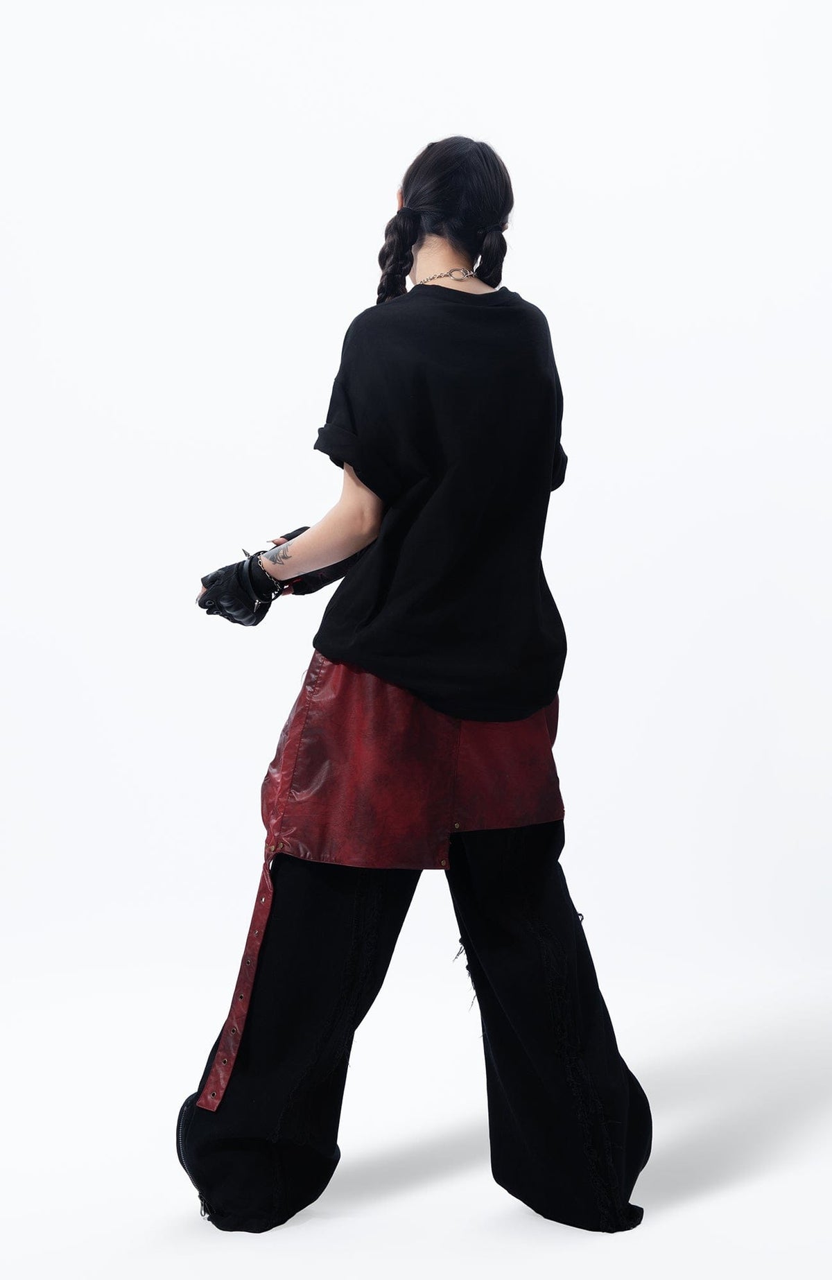 MOGONGSHE Detachable PU Drape  Frayed Cross Jeans – photo 7 of 42