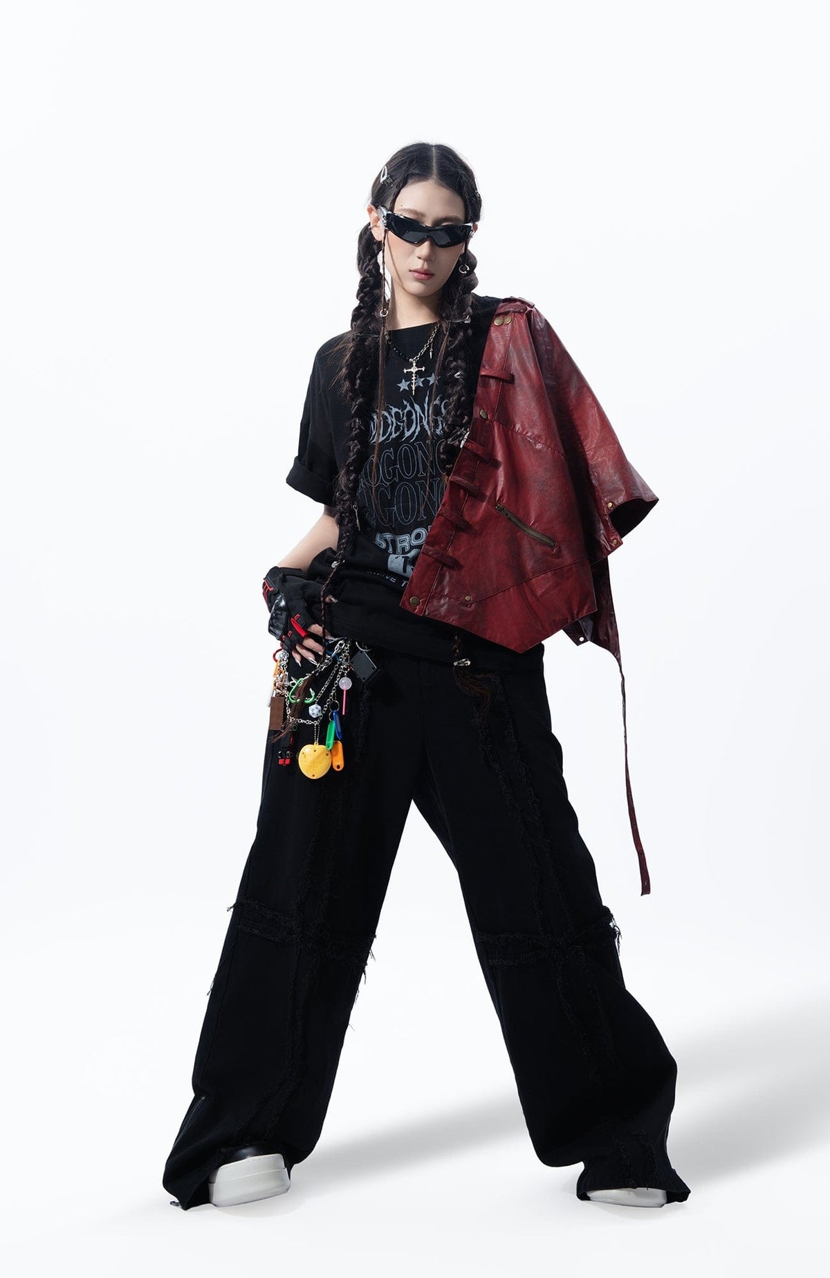 MOGONGSHE Detachable PU Drape  Frayed Cross Jeans – photo 6 of 42