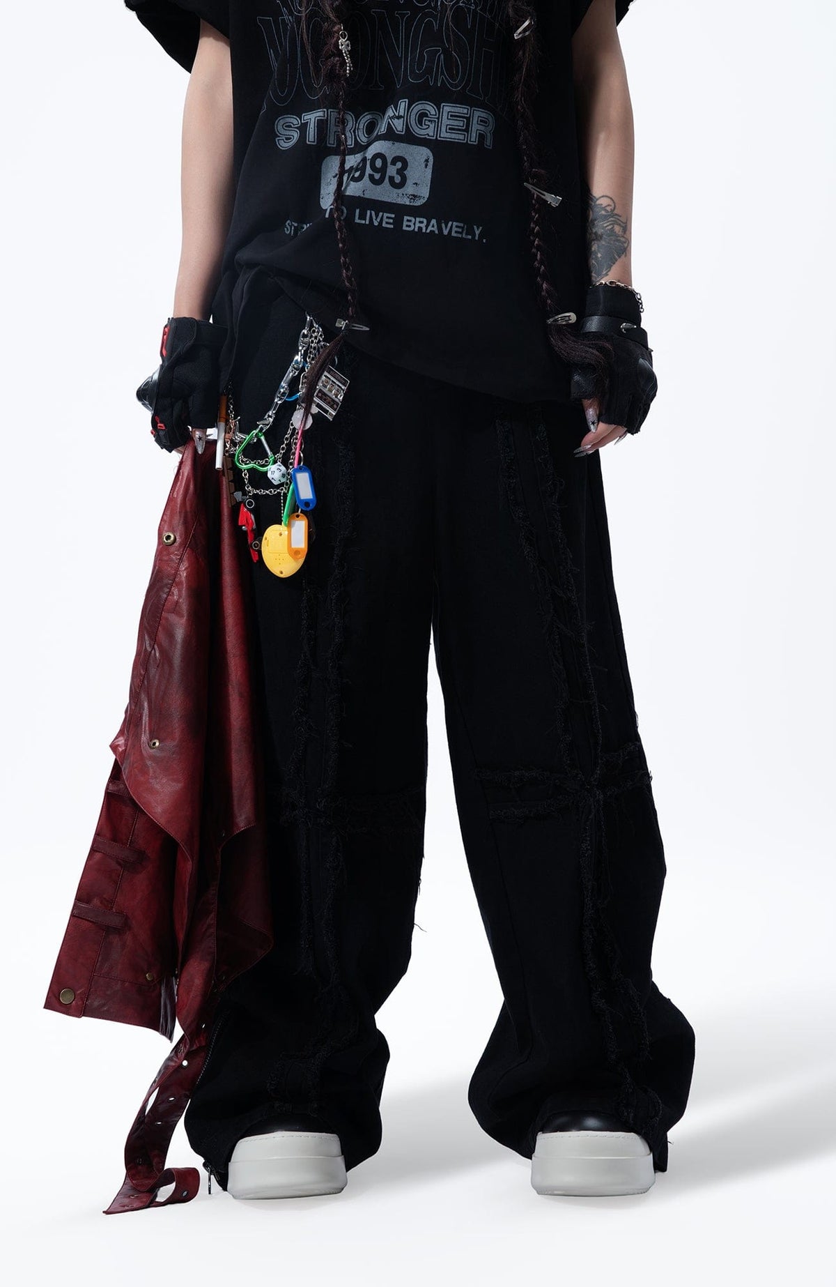 MOGONGSHE Detachable PU Drape  Frayed Cross Jeans – photo 22 of 42