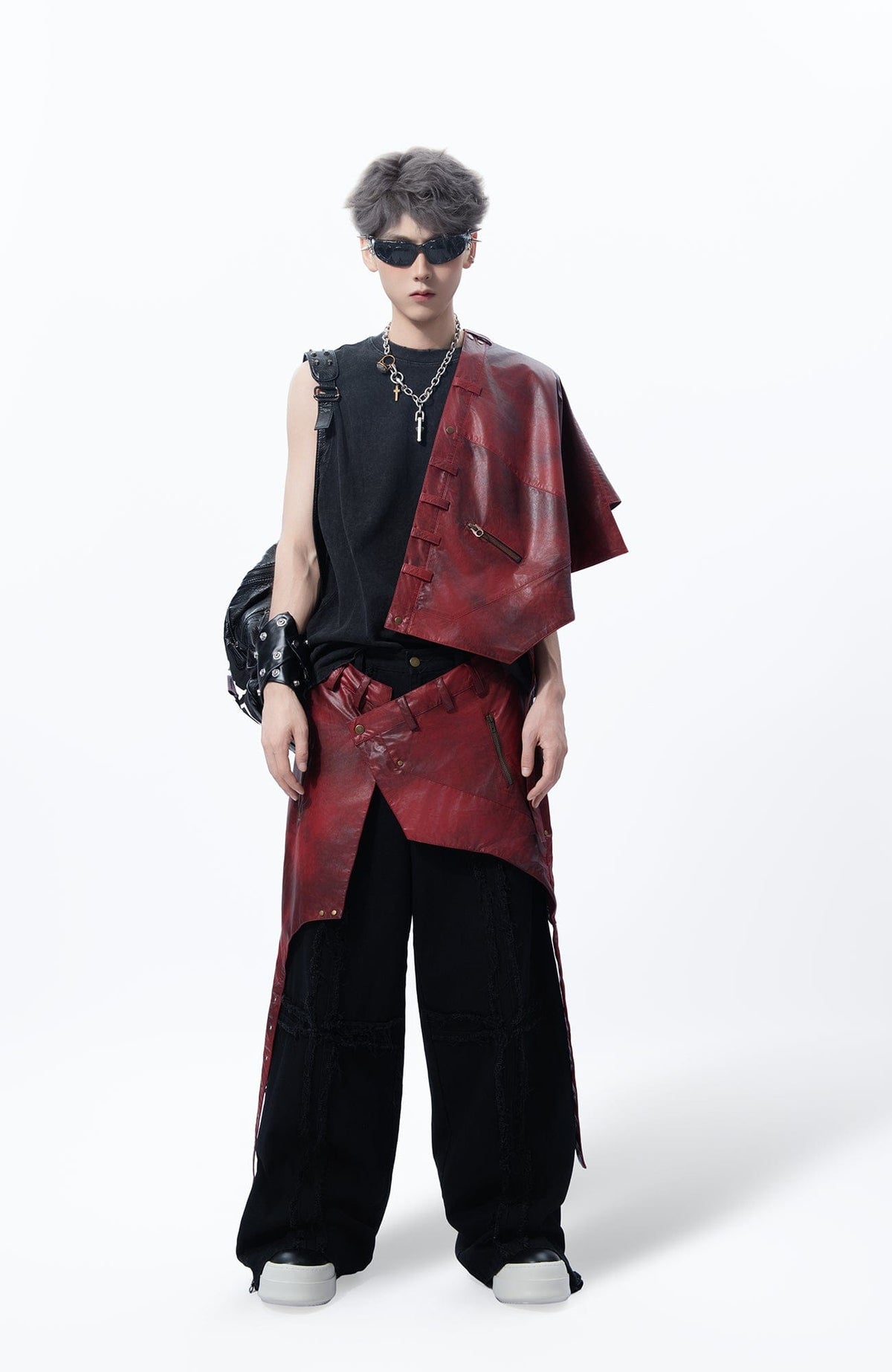 MOGONGSHE Detachable PU Drape  Frayed Cross Jeans – photo 9 of 42
