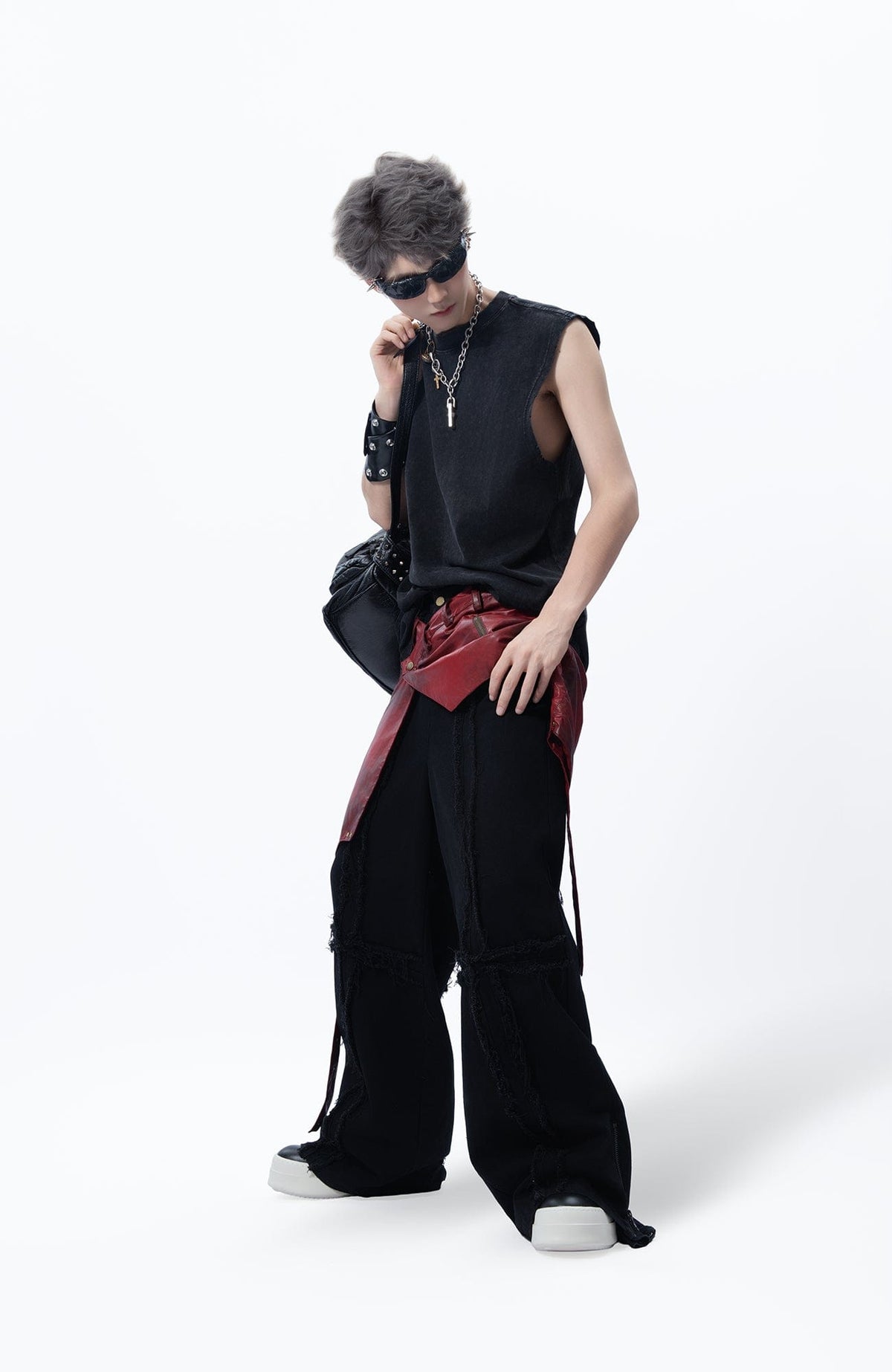 MOGONGSHE Detachable PU Drape  Frayed Cross Jeans – photo 10 of 42