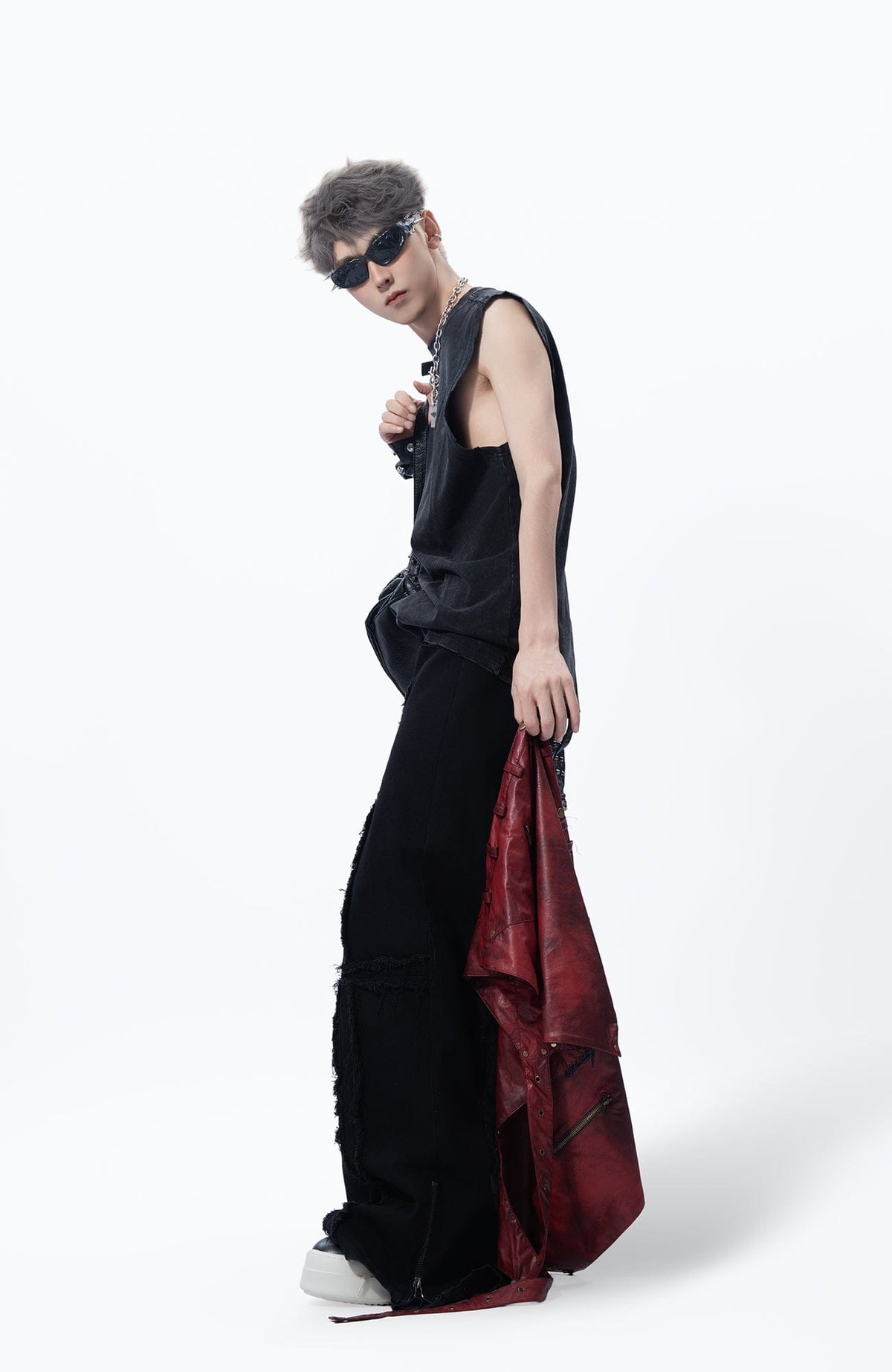 MOGONGSHE Detachable PU Drape  Frayed Cross Jeans – photo 11 of 42