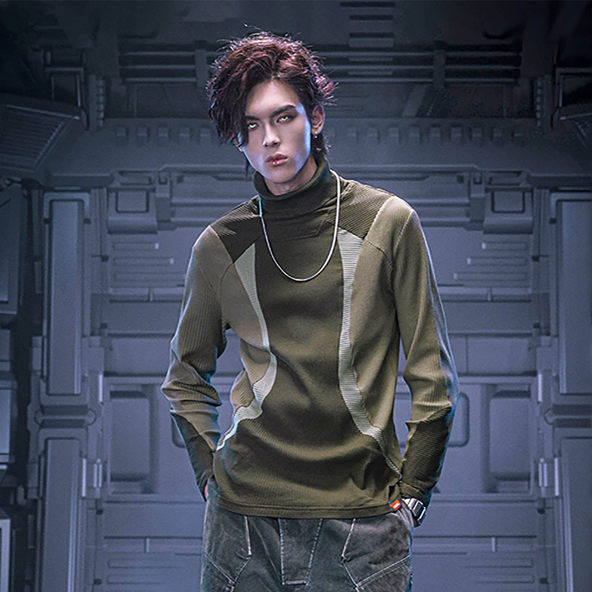 XIPHEVIL Ribbed Paneled Turtleneck Long-Sleeve Tee Green – photo 2 of 14