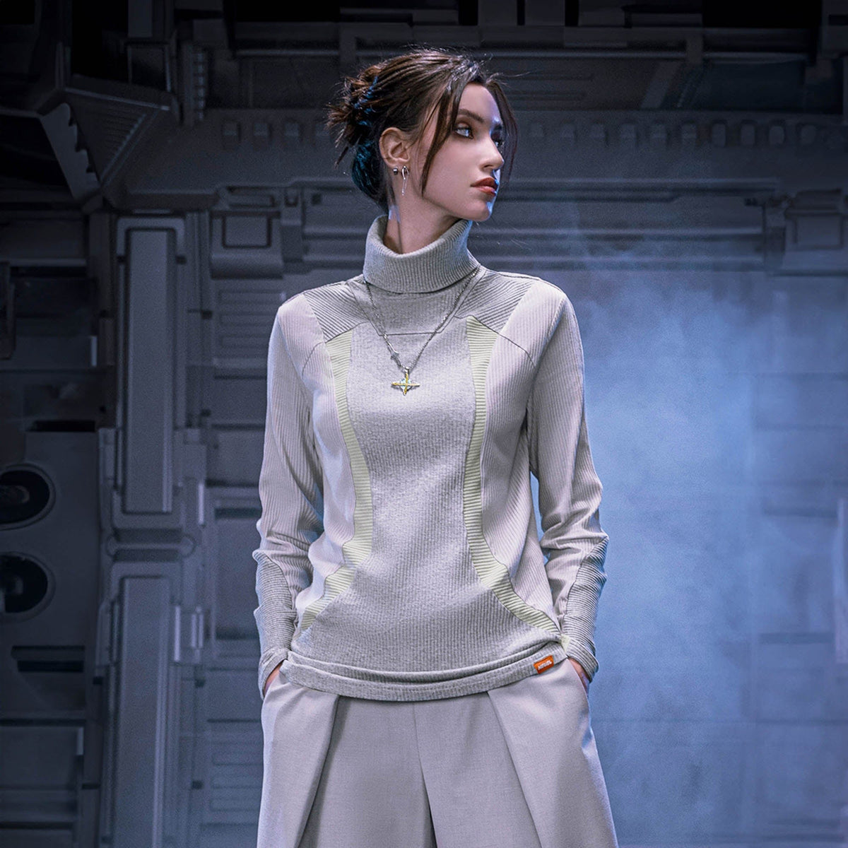 XIPHEVIL Ribbed Paneled Turtleneck Long-Sleeve Tee Grey – photo 2 of 13