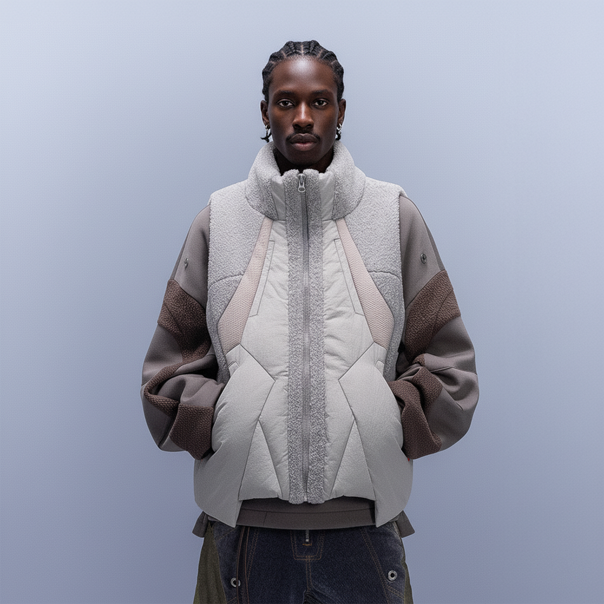XIPHEVIL High-Neck Fleece-Panel Vest Light Gray