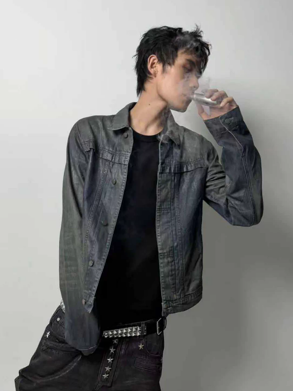 CINDER VEIN Brush-Paint Washed Distressed Denim Jacket – photo 9 of 15