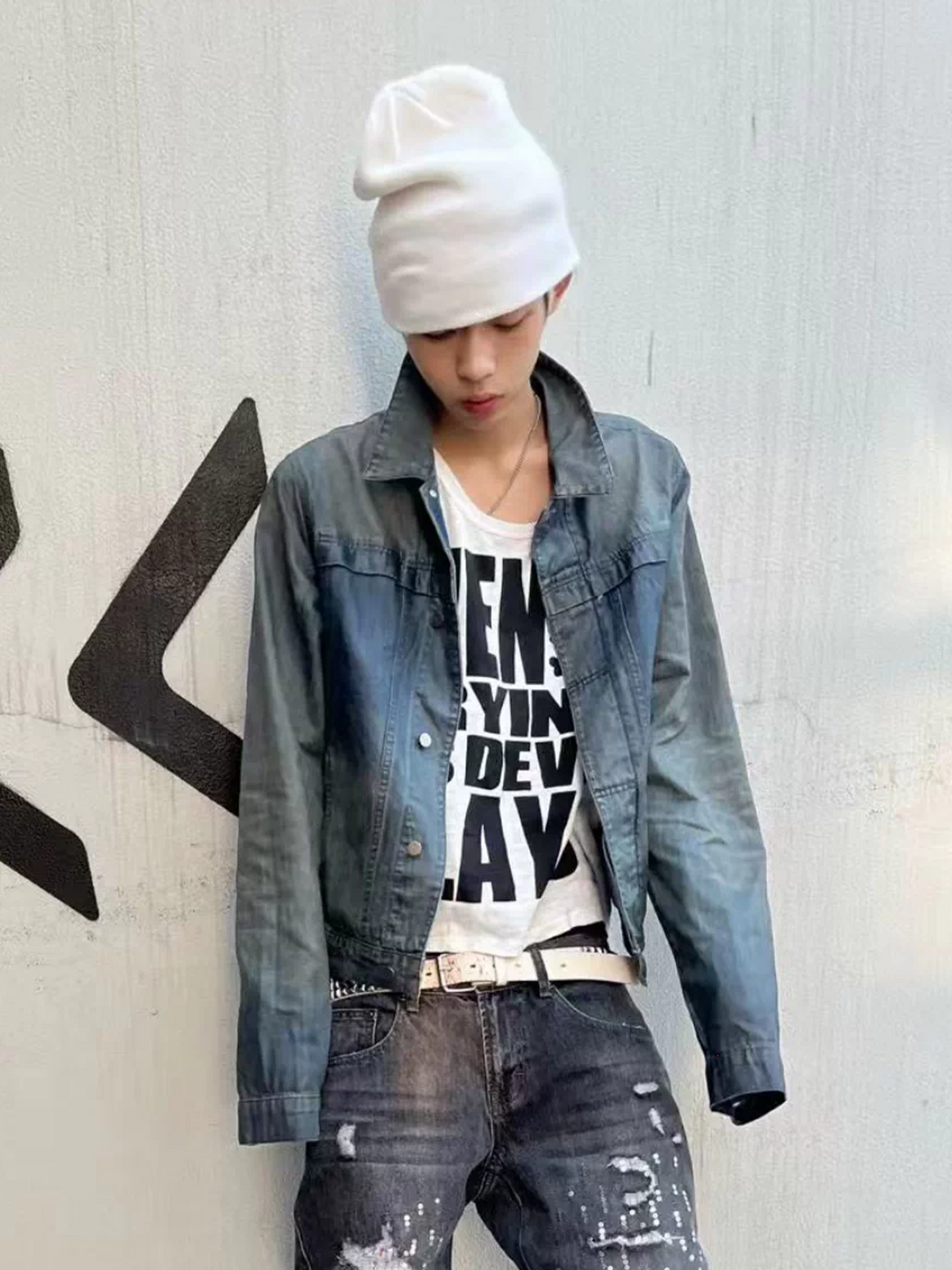 CINDER VEIN Brush-Paint Washed Distressed Denim Jacket – photo 8 of 15